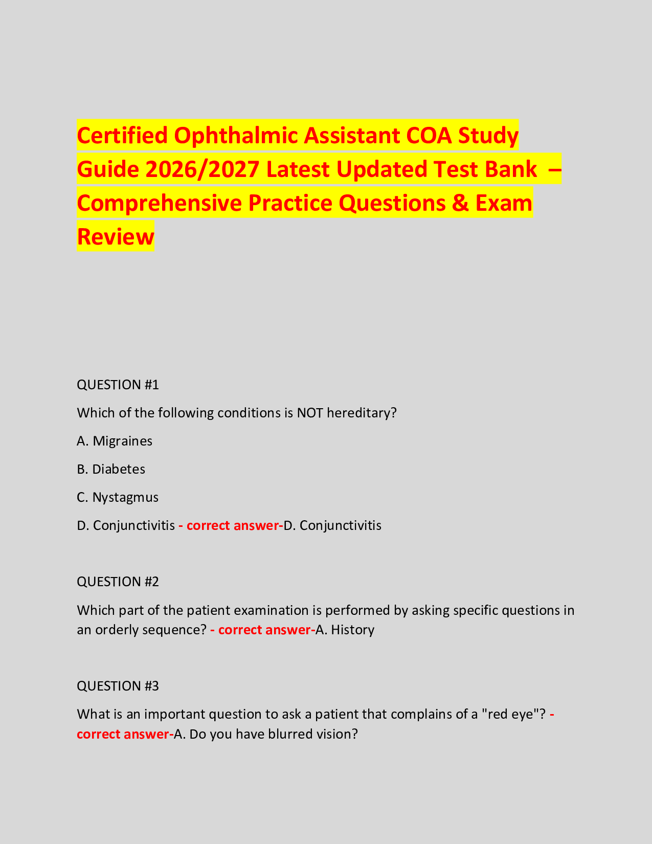 Certified Ophthalmic Assistant COA Study  Guide 2026/2027 Latest Updated Test Bank  – Comprehensive Practice Questions & Exam Review