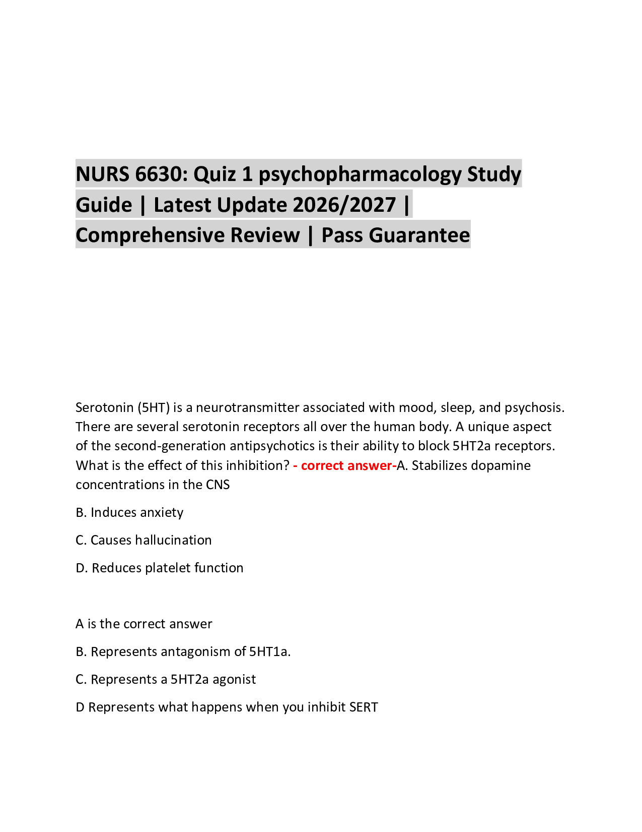 NURS 6630: Quiz 1 psychopharmacology Study  Guide | Latest Update 2026/2027 |  Comprehensive Review | Pass Guarantee