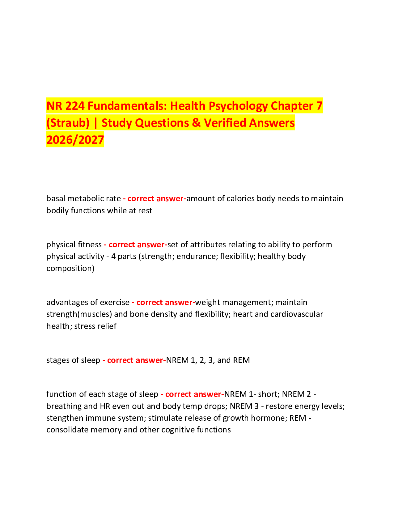 NR 224 Fundamentals: Health Psychology Chapter 7  (Straub) | Study Questions & Verified Answers 2026/2027