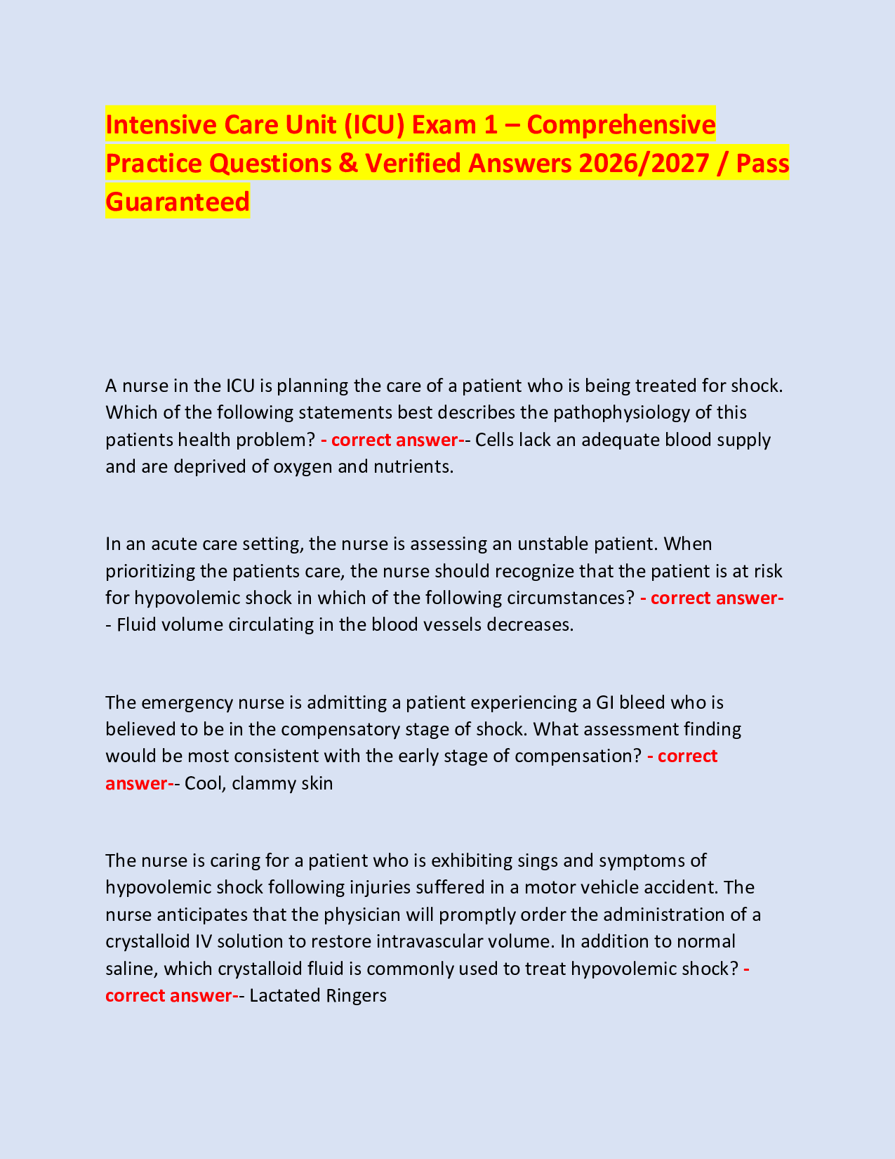 Intensive Care Unit (ICU) Exam 1 – Comprehensive  Practice Questions & Verified Answers 2026/2027 / Pass Guaranteed