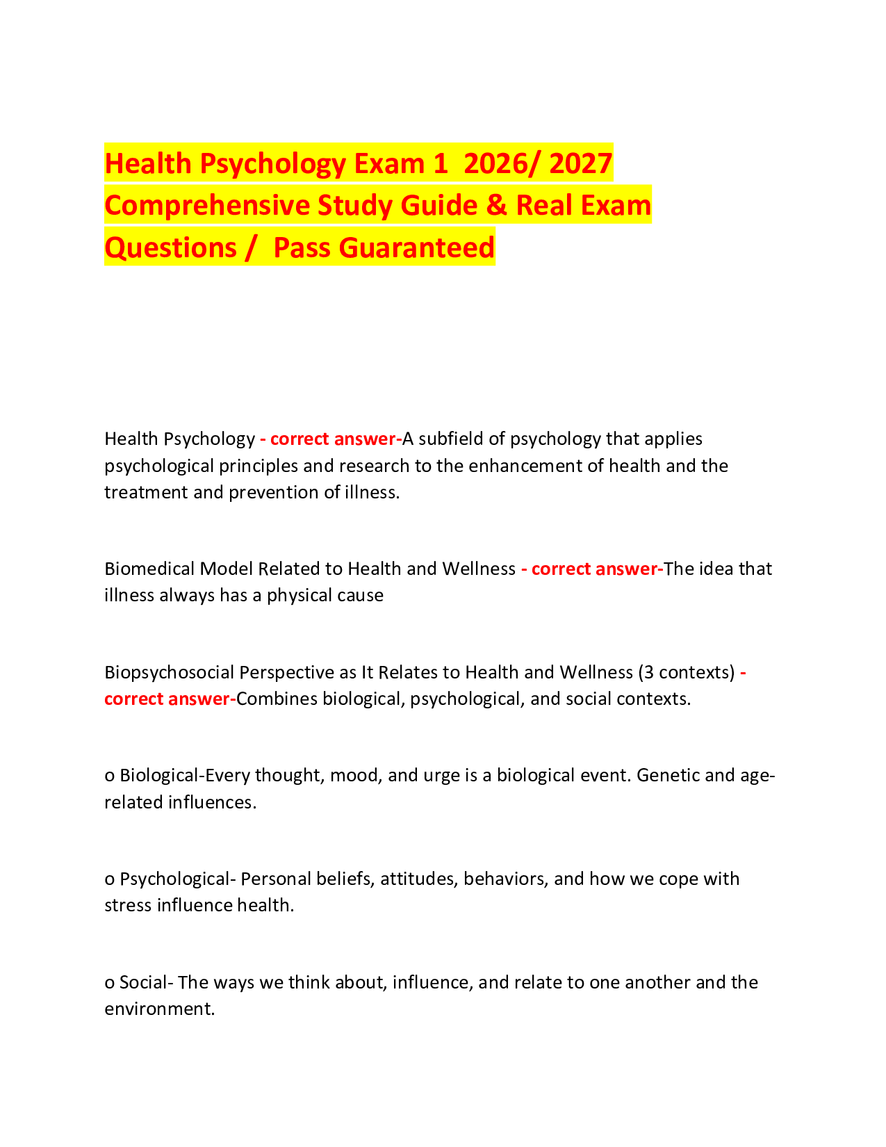 Health Psychology Exam 1  2026/ 2027  Comprehensive Study Guide & Real Exam Questions /  Pass Guaranteed