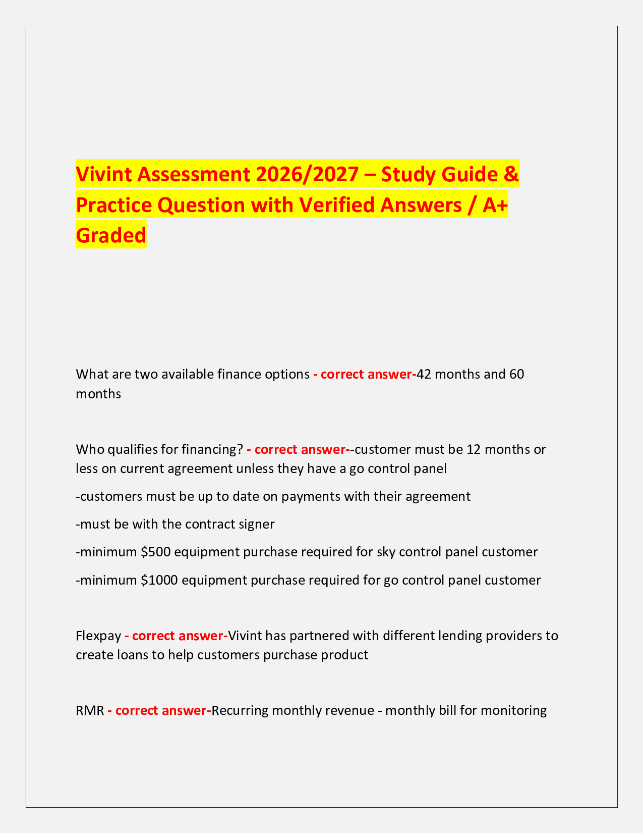 Vivint Assessment 2026/2027 – Study Guide &  Practice Question with Verified Answers / A+ Graded