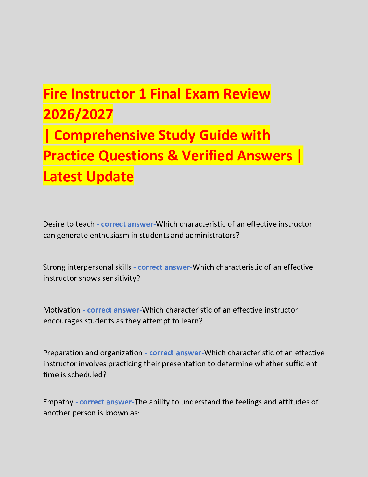 Fire Instructor 1 Final Exam Review 2026/2027   | Comprehensive Study Guide with   Practice Questions & Verified Answers |  Latest Update