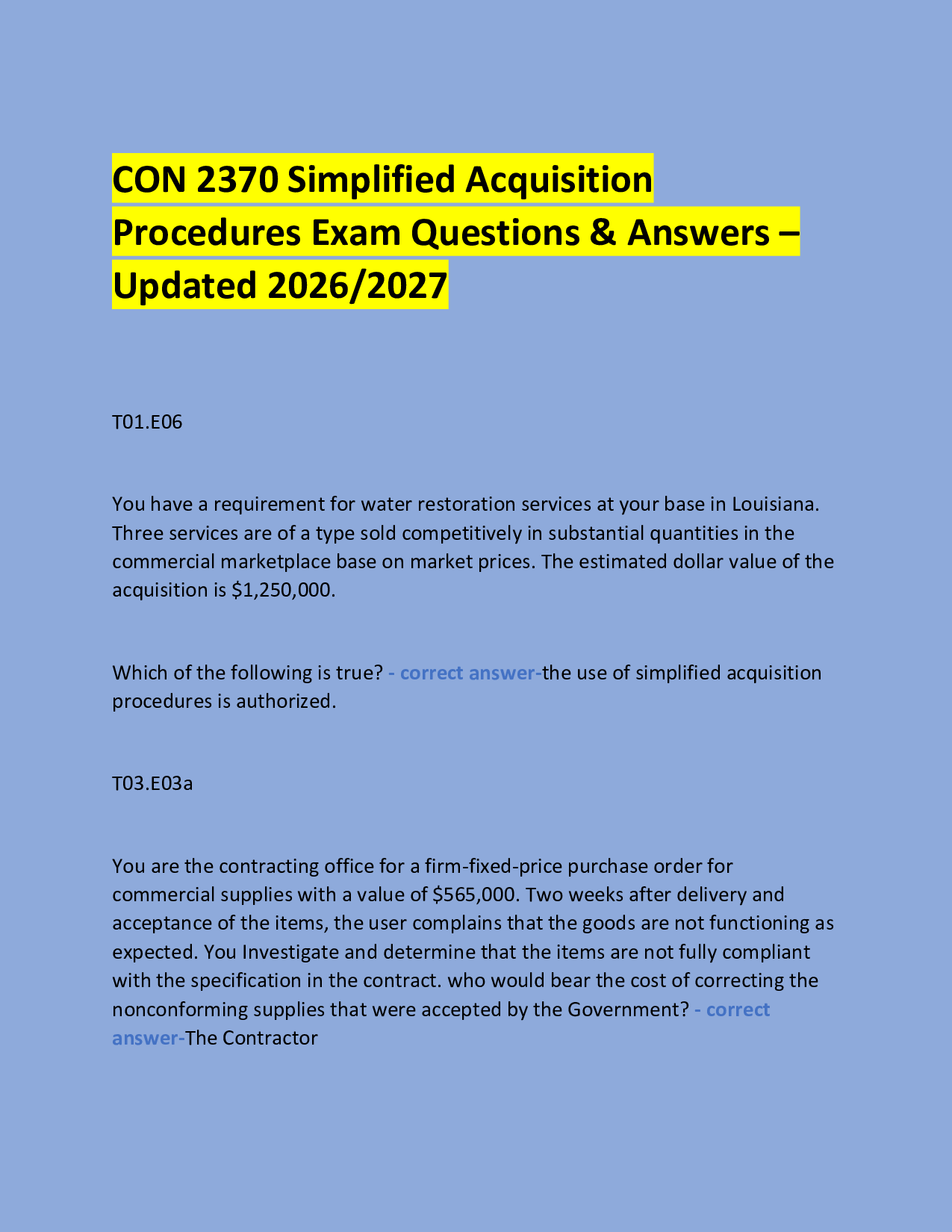 CON 2370 Simplified Acquisition  Procedures Exam Questions & Answers – Updated 2026/2027