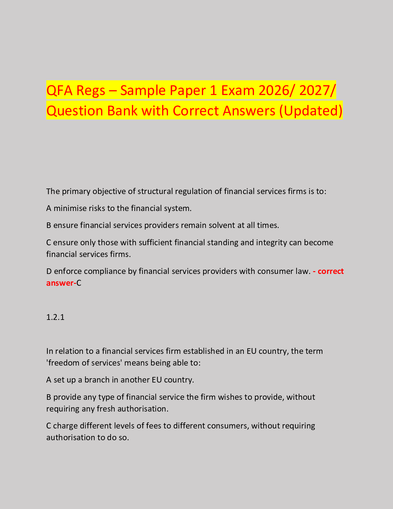 QFA Regs – Sample Paper 1 Exam 2026/ 2027/  Question Bank with Correct Answers (Updated)