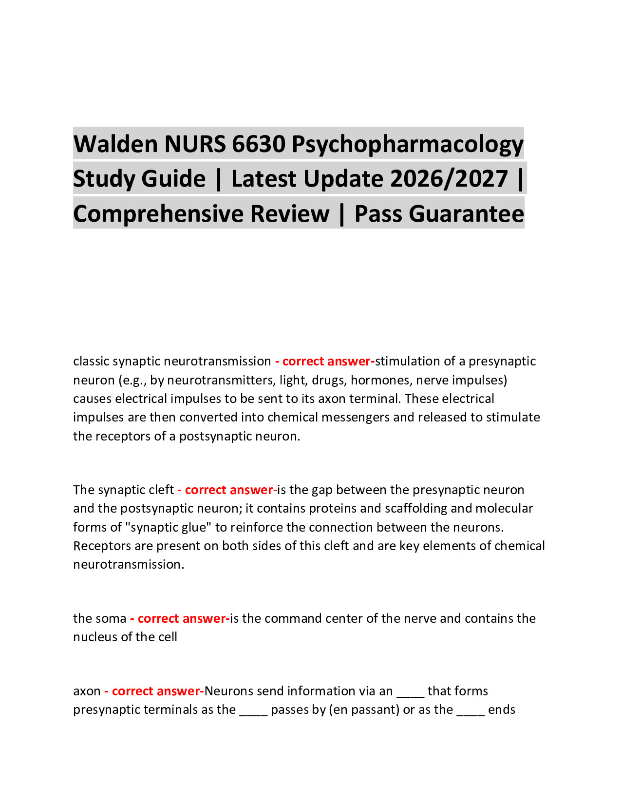 Walden NURS 6630 Psychopharmacology  Study Guide | Latest Update 2026/2027 | Comprehensive Review | Pass Guarantee