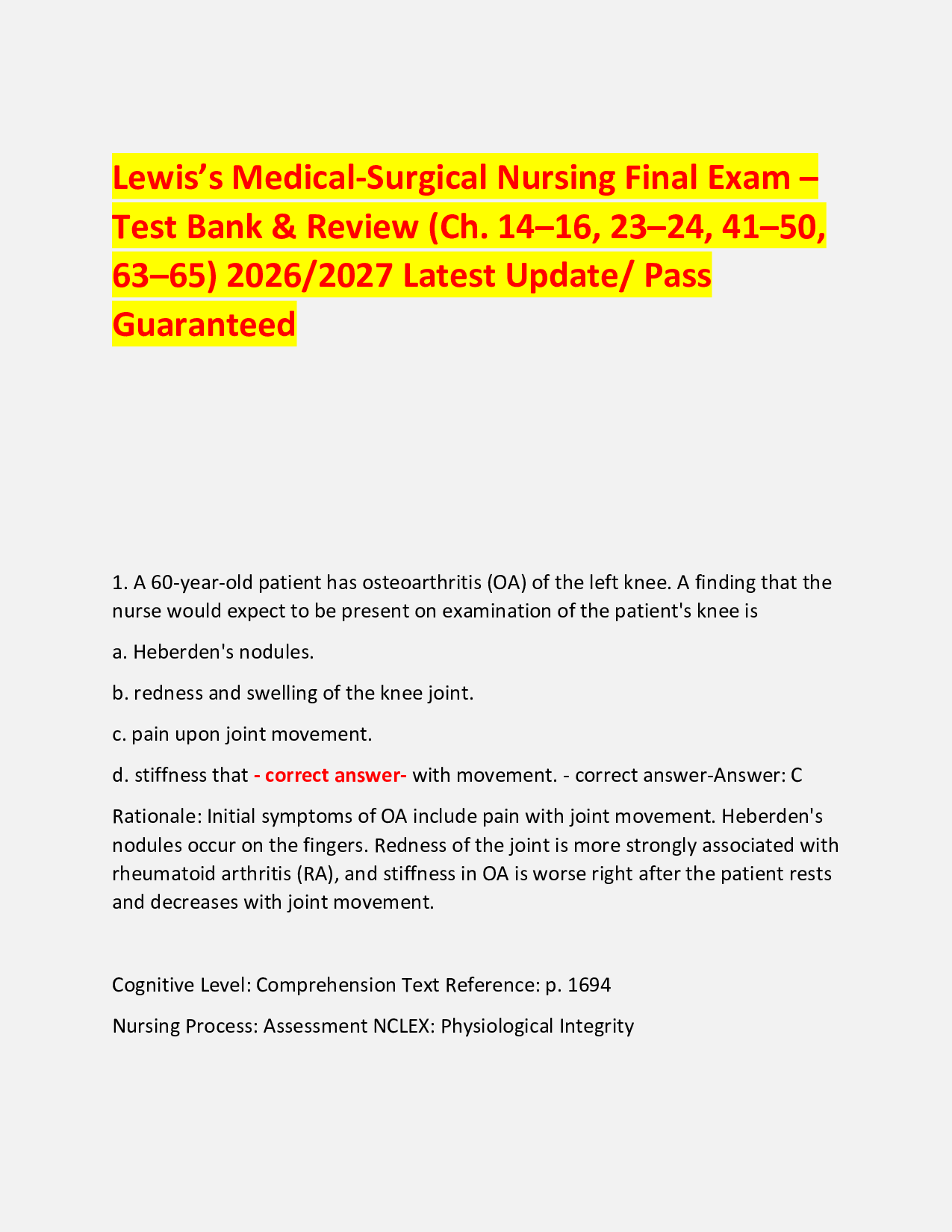 Lewis’s Medical-Surgical Nursing (Harding) Chapter 1 – Test 1 Prep Exam 2026/2027