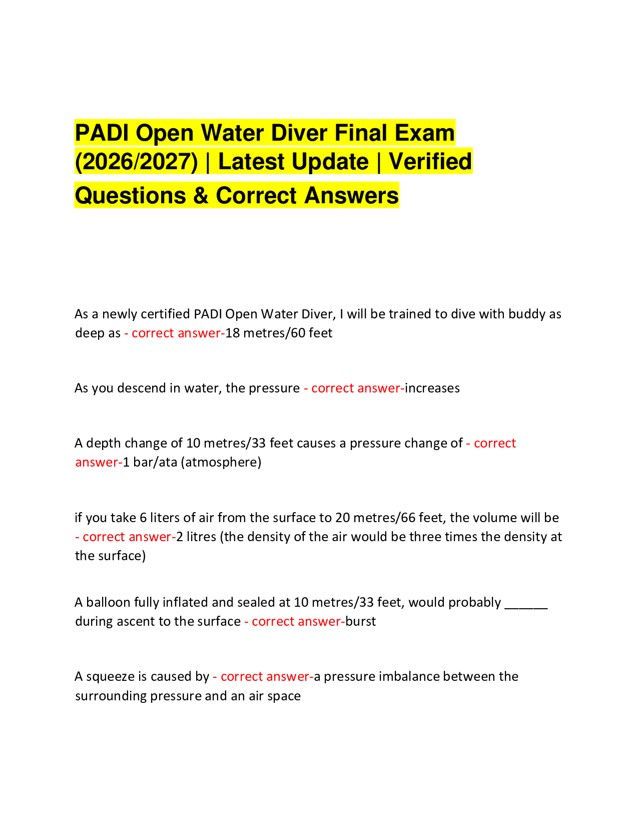 PADI Open Water Diver Final Exam  (2026/2027) | Latest Update | Verified   Questions & Correct Answers
