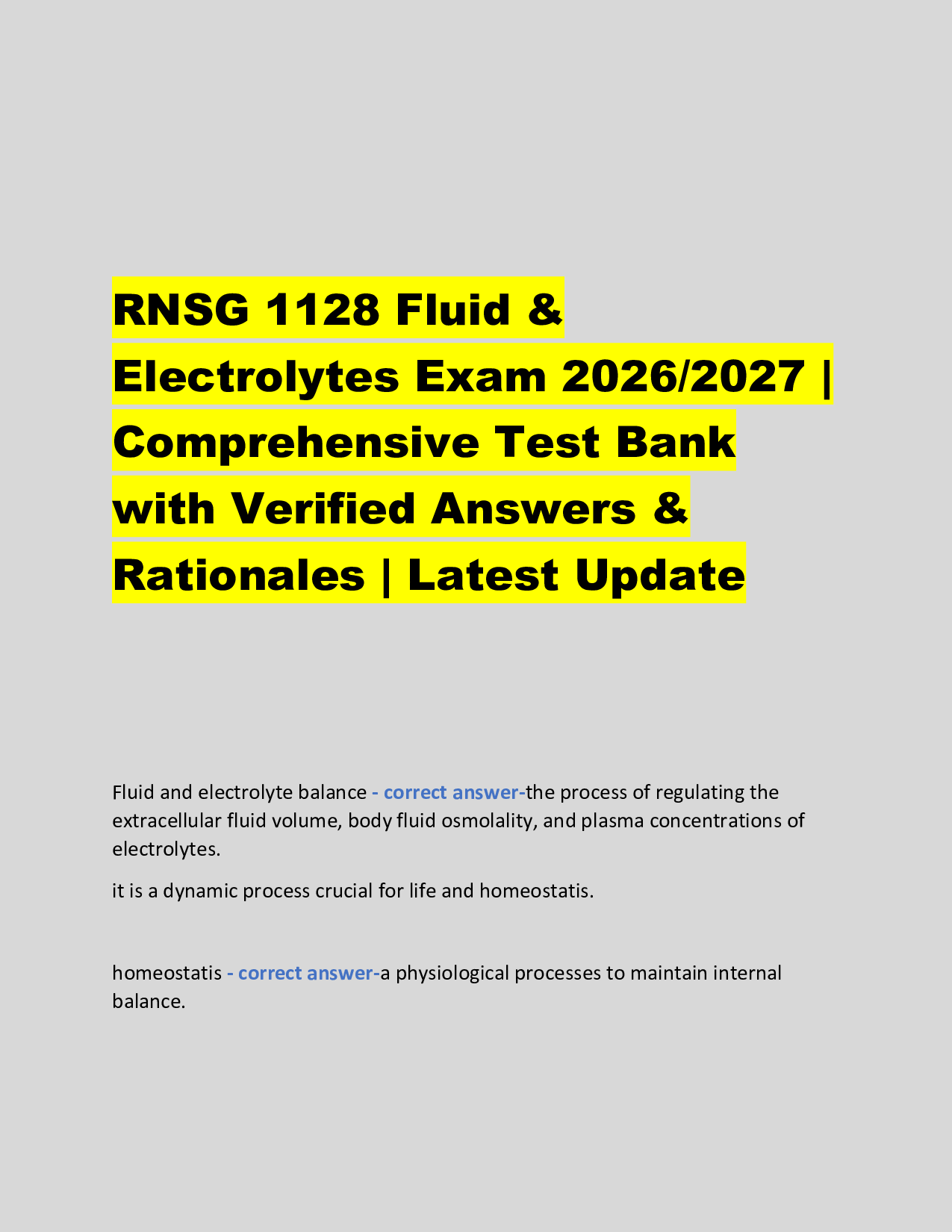 RNSG 1128 Fluid &  Electrolytes Exam 2026/2027 | Comprehensive Test Bank with Verified Answers &  Rationales | Latest Update