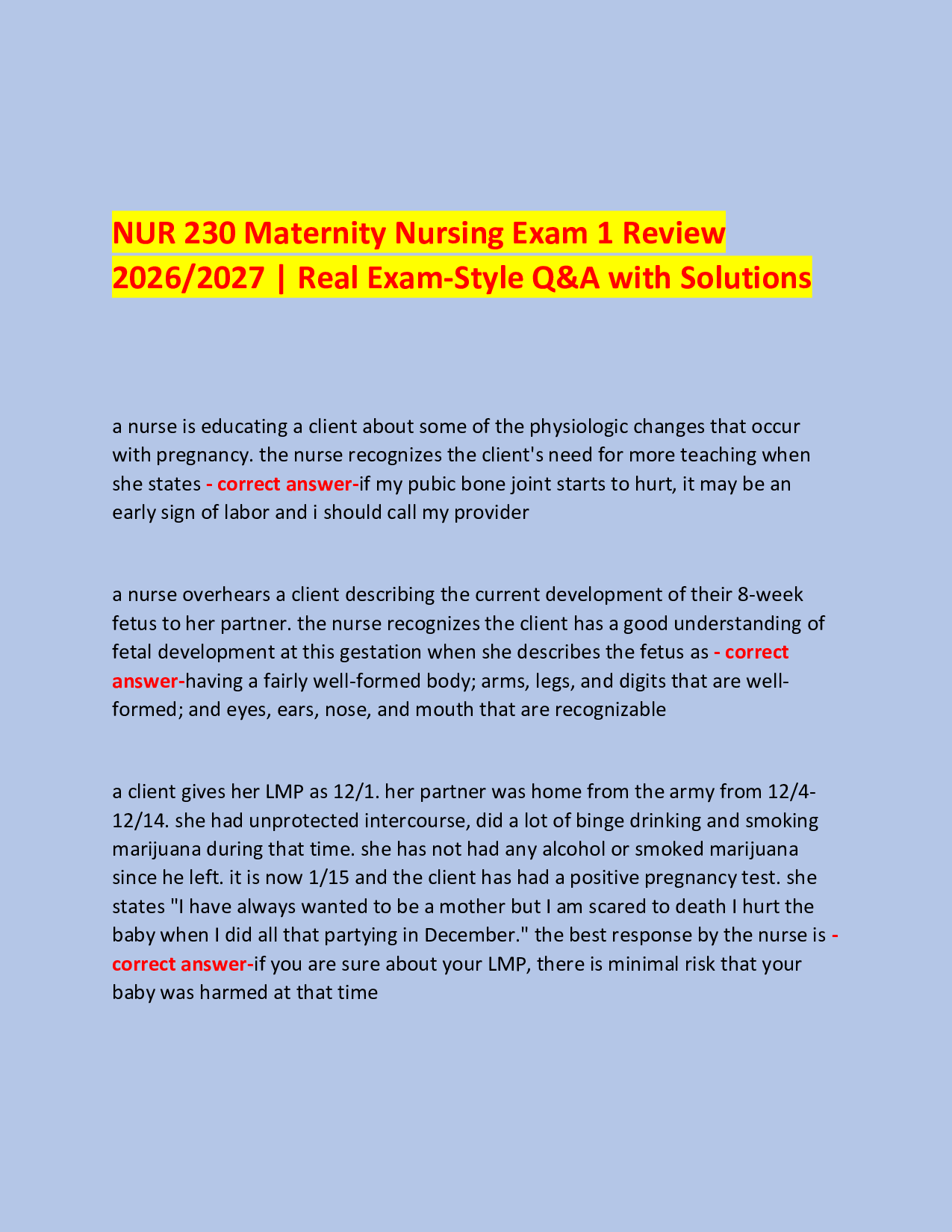 NUR 230 Maternity Nursing Exam 1 Review  2026/2027 | Real Exam-Style Q&A with Solutions / verified Exam