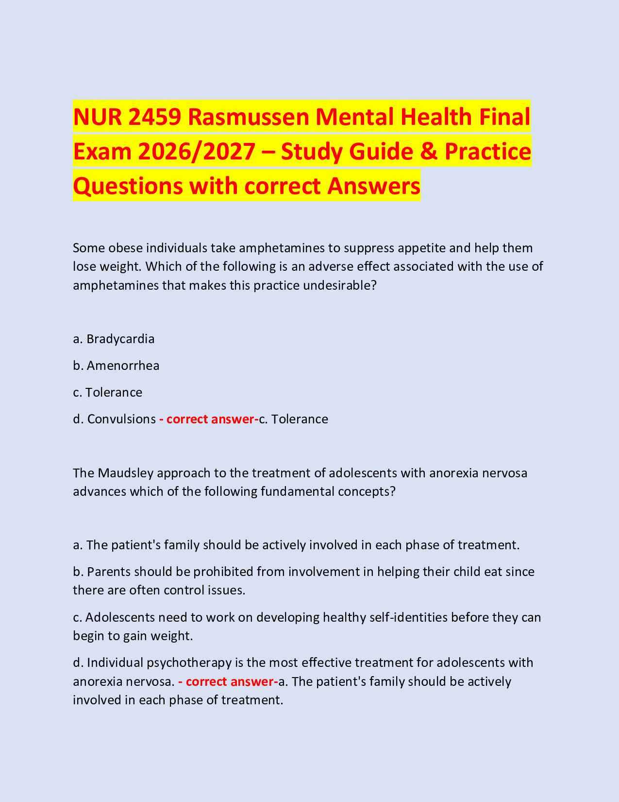 NUR 2459 Rasmussen Mental Health Final  Exam 2026/2027 – Study Guide & Practice Questions with correct Answers