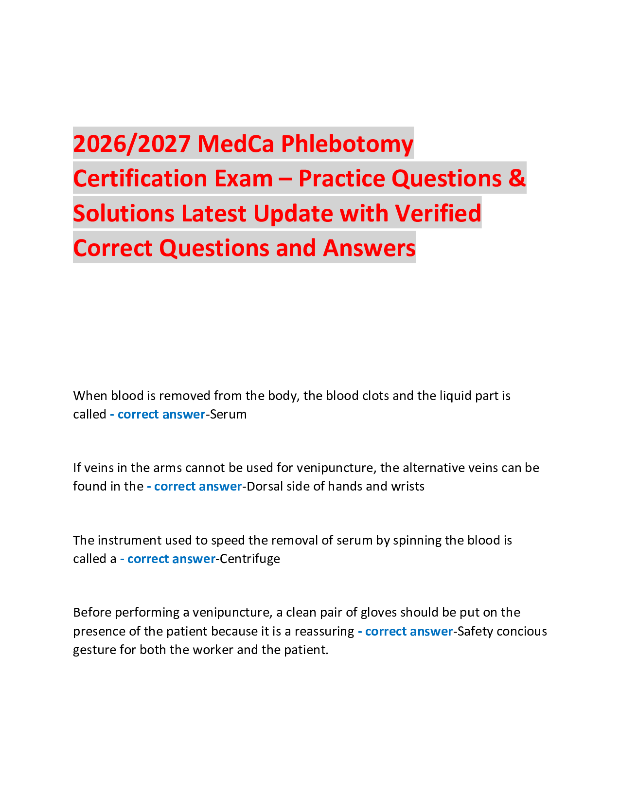 2026/2027 MedCa Phlebotomy Certification Exam – Practice Questions & Solutions Latest Update with Verified Correct Questions and Answers