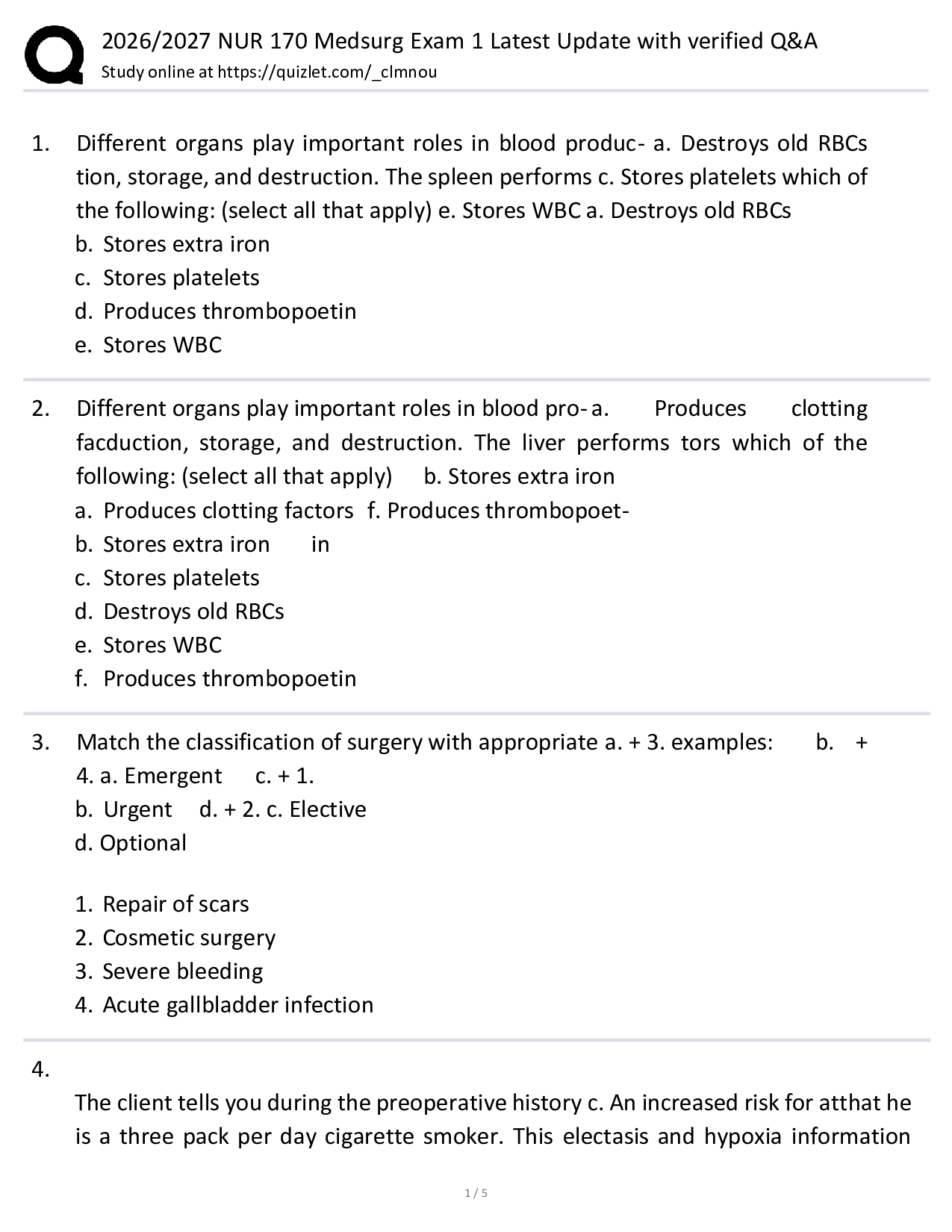 2026/2027 NUR 170 Medsurg Exam 1 Latest Update with verified Q&A