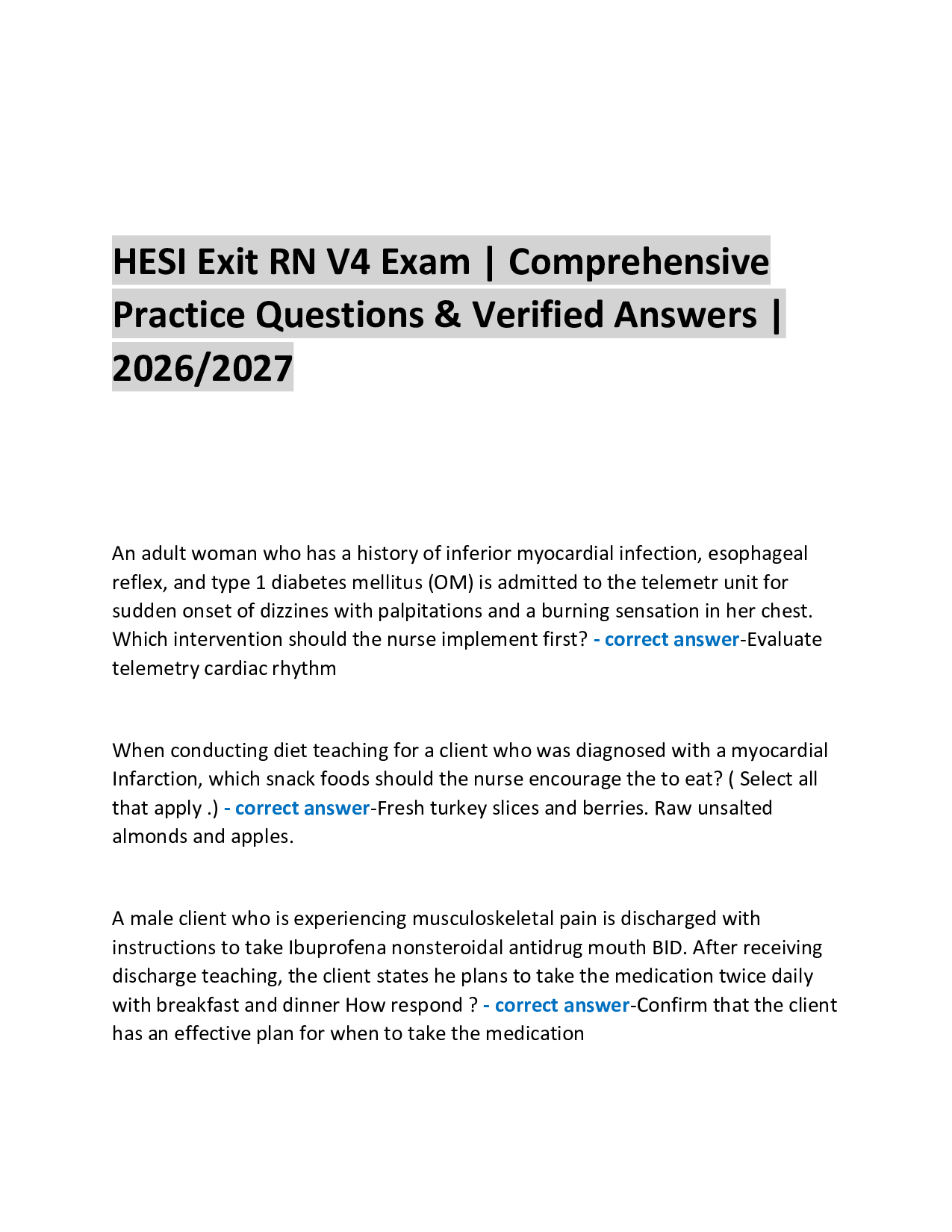 HESI Exit RN V4 Exam | Comprehensive  Practice Questions & Verified Answers | 2026/2027