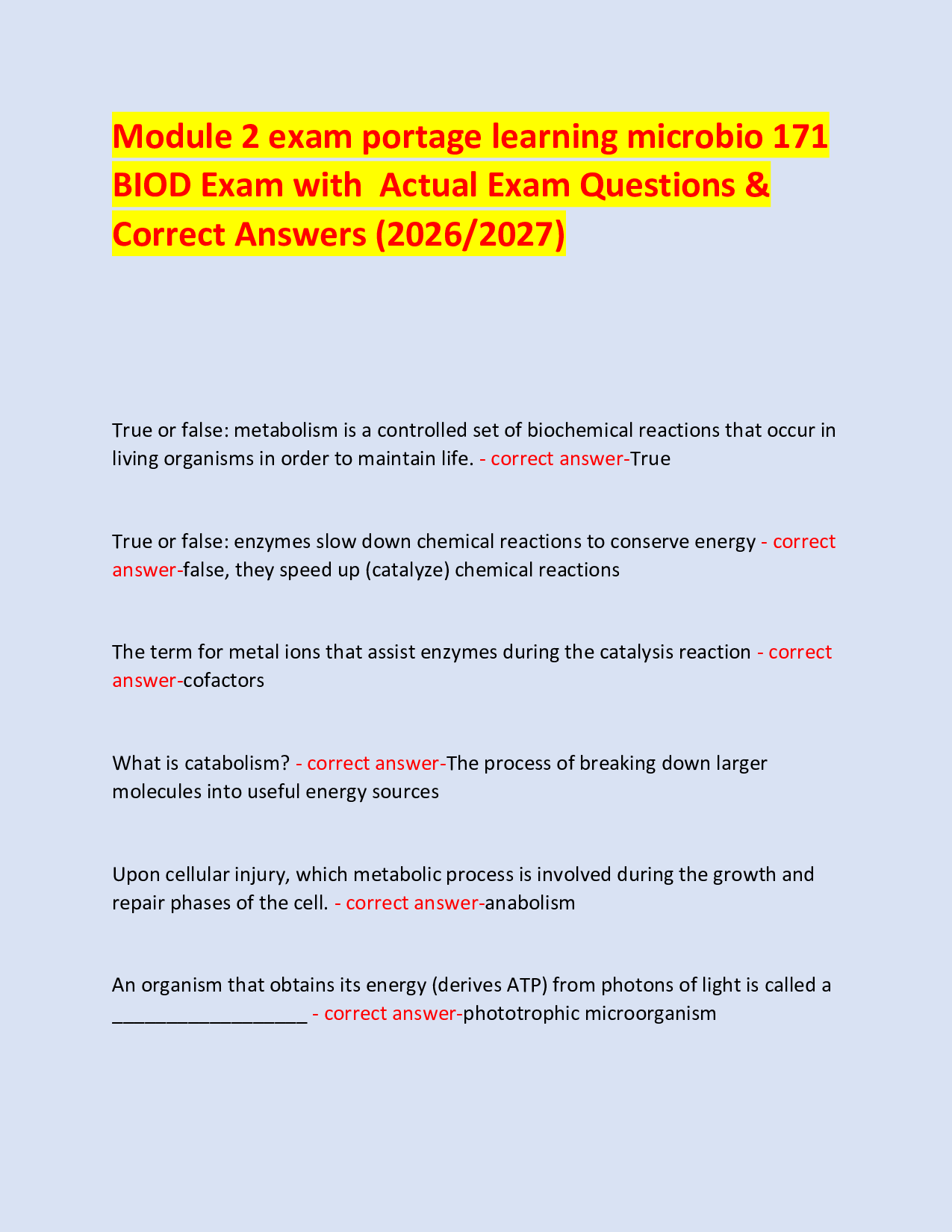 Module 2 exam portage learning microbio 171  BIOD Exam with  Actual Exam Questions & Correct Answers (2026/2027)