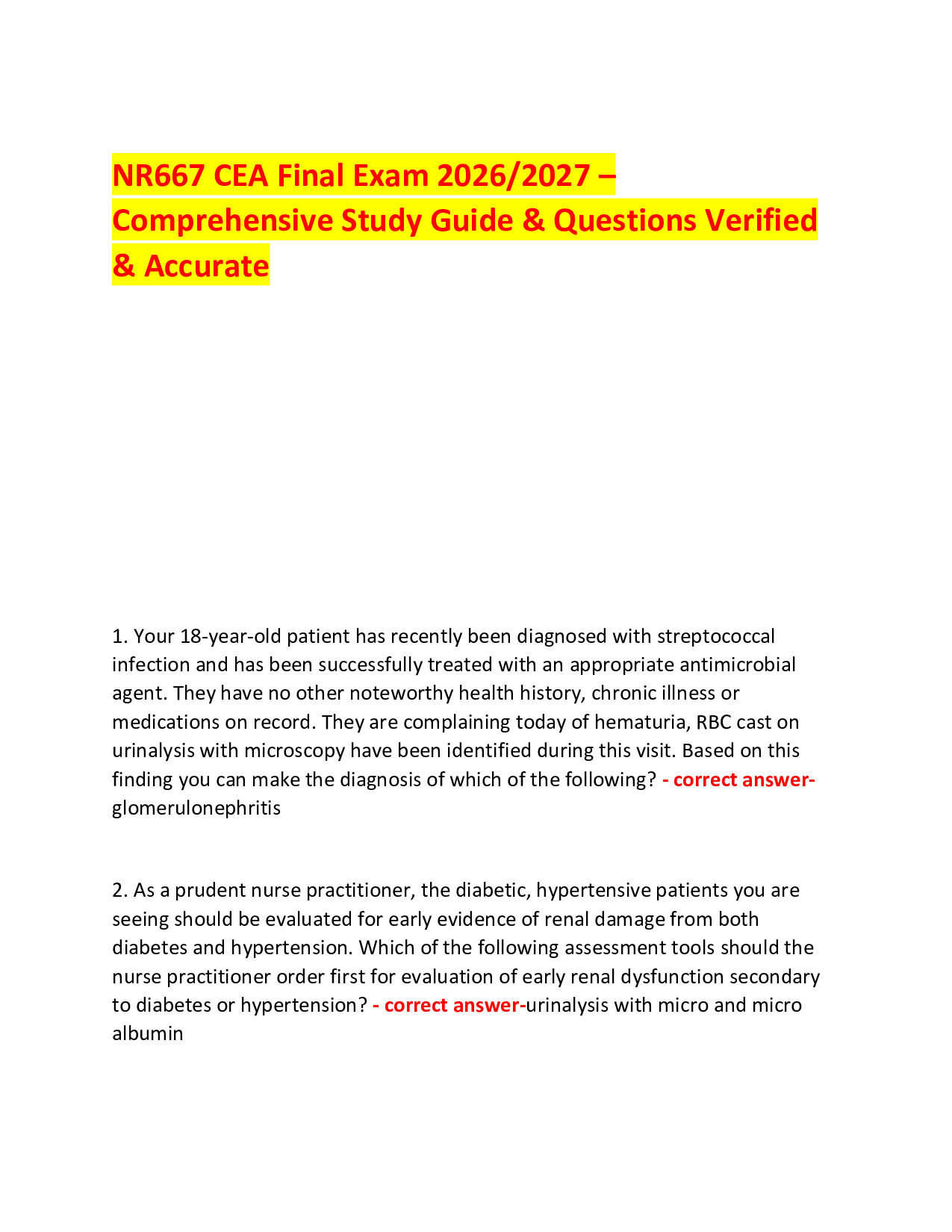 NR667 CEA Final Exam 2026/2027 –  Comprehensive Study Guide & Questions Verified & Accurate
