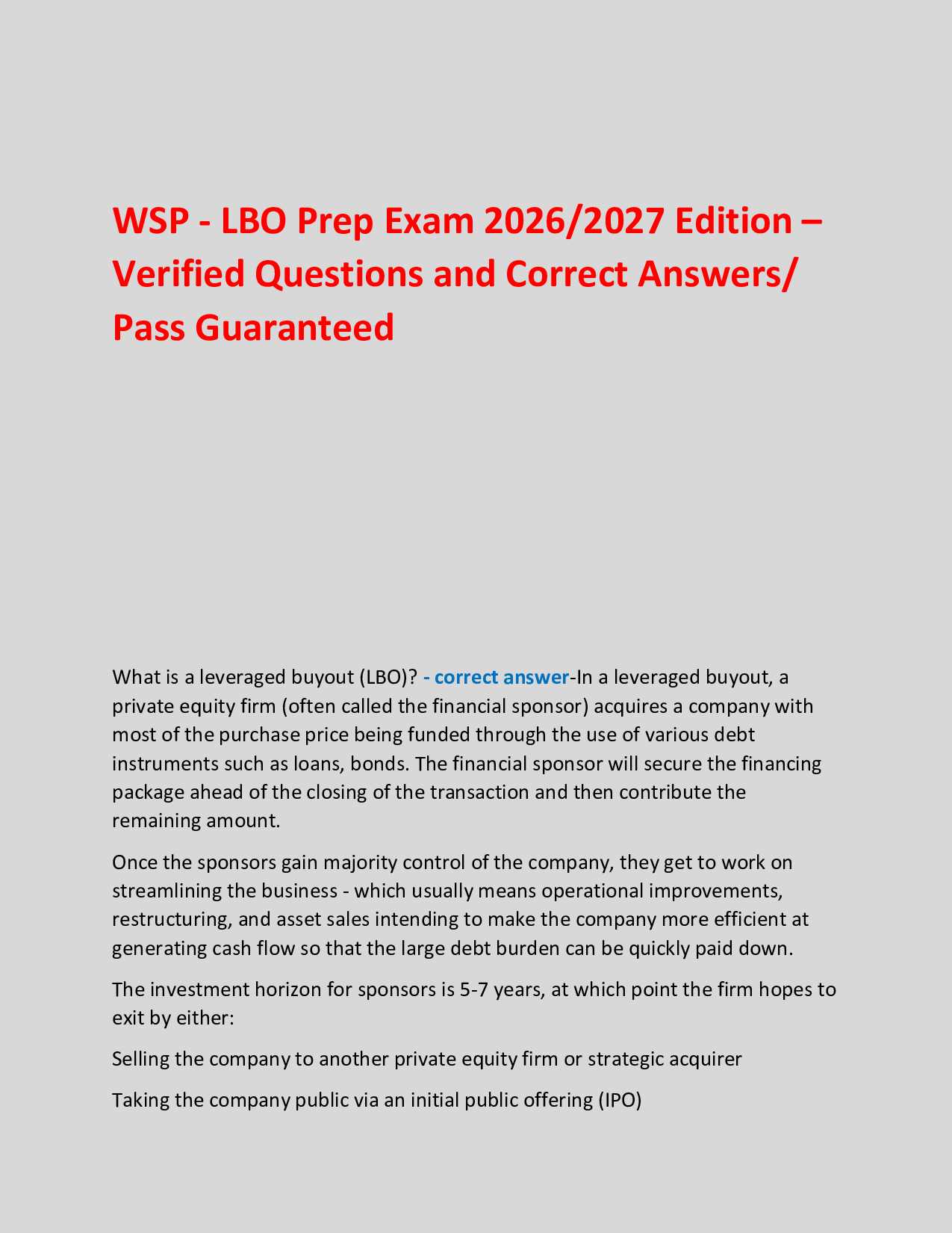 WSP - LBO Prep Exam 2026/2027 Edition – Verified Questions and Correct Answers/ Pass Guaranteed