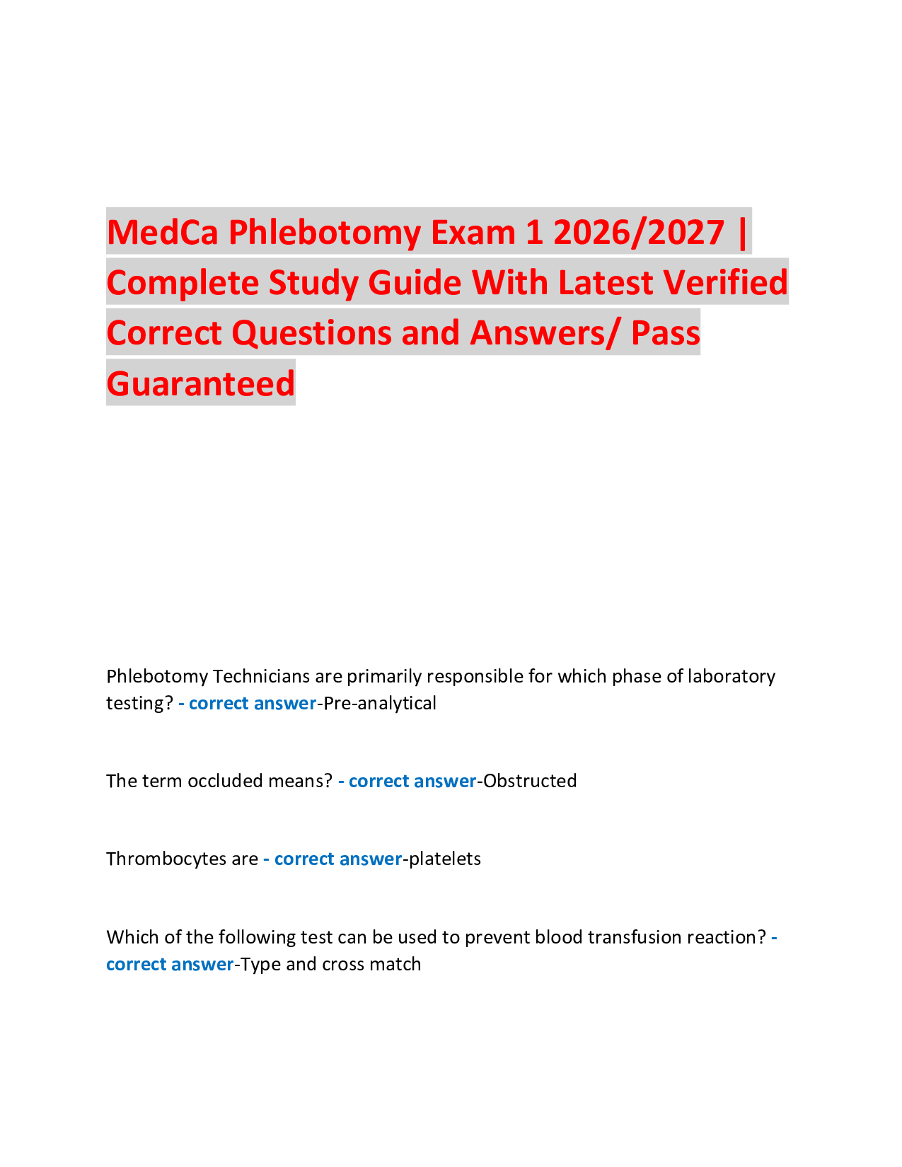 MedCa Phlebotomy Exam 1 2026/2027 | Complete Study Guide With Latest Verified Correct Questions and Answers/ Pass Guaranteed