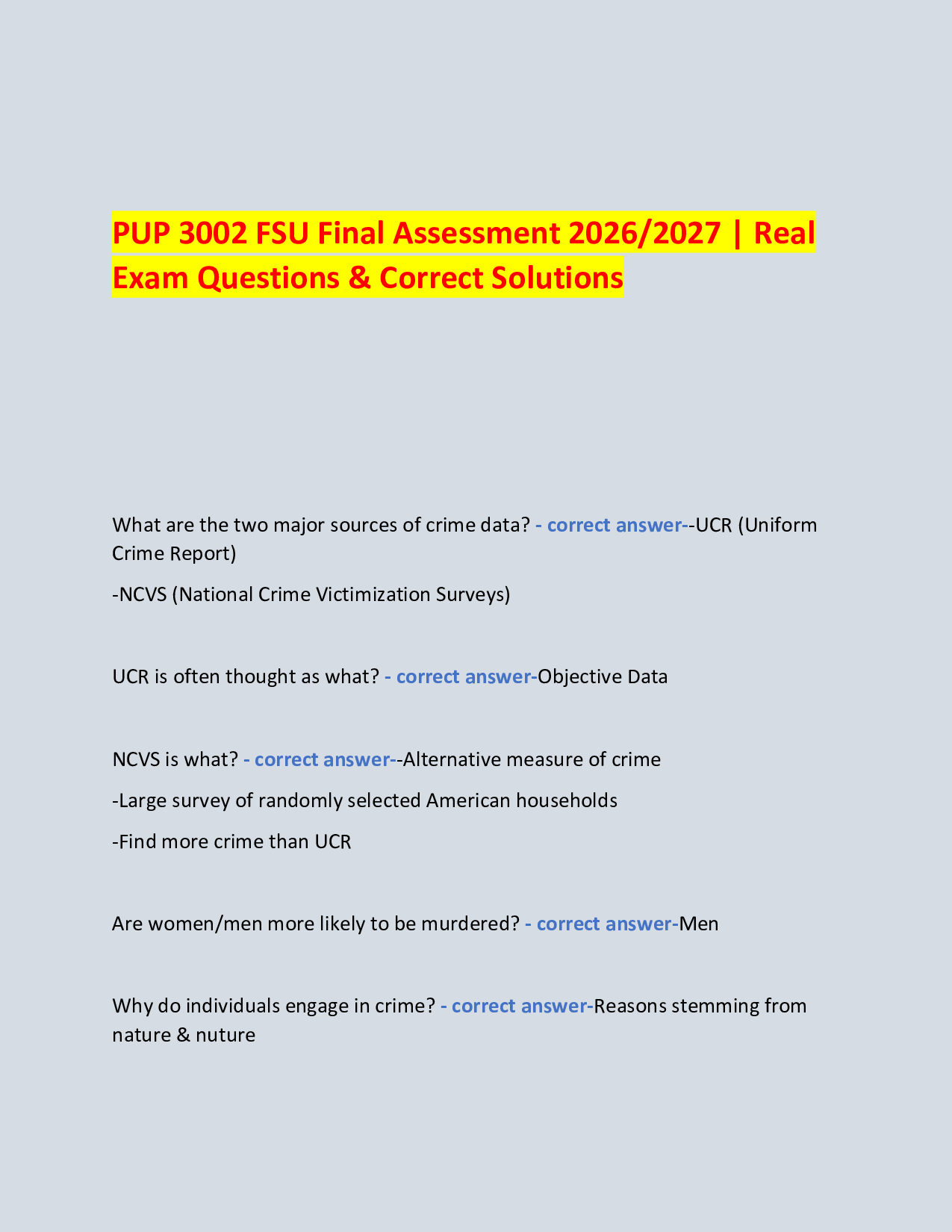 PUP 3002 FSU Final Assessment 2026/2027 | Real Exam Questions & Correct Solutions