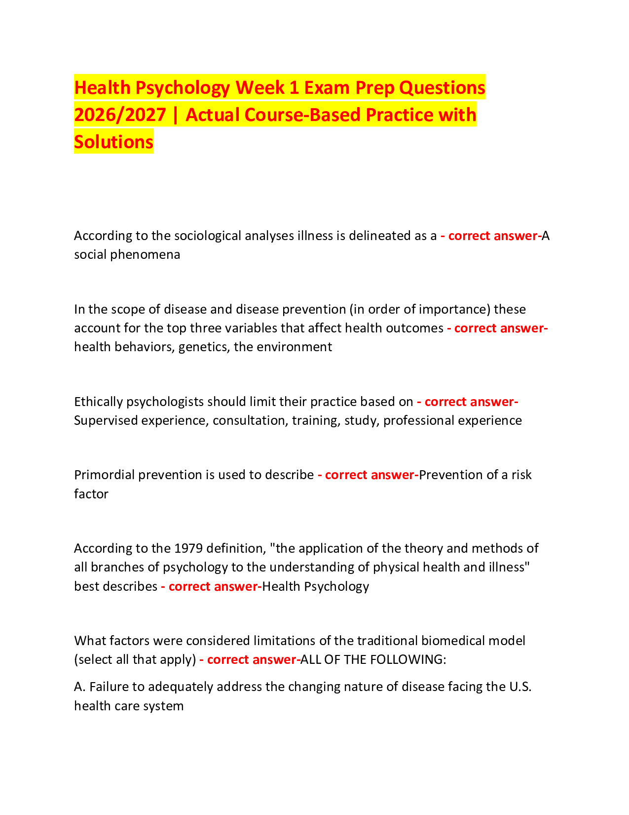 Health Psychology Week 1 Exam Prep Questions  2026/2027 | Actual Course-Based Practice with Solutions