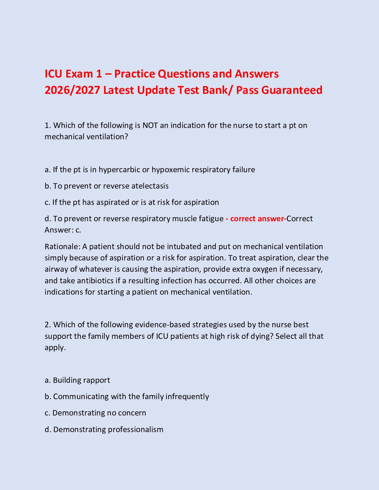 ICU Exam 1 – Practice Questions and Answers  2026/2027 Latest Update Test Bank/ Pass Guaranteed
