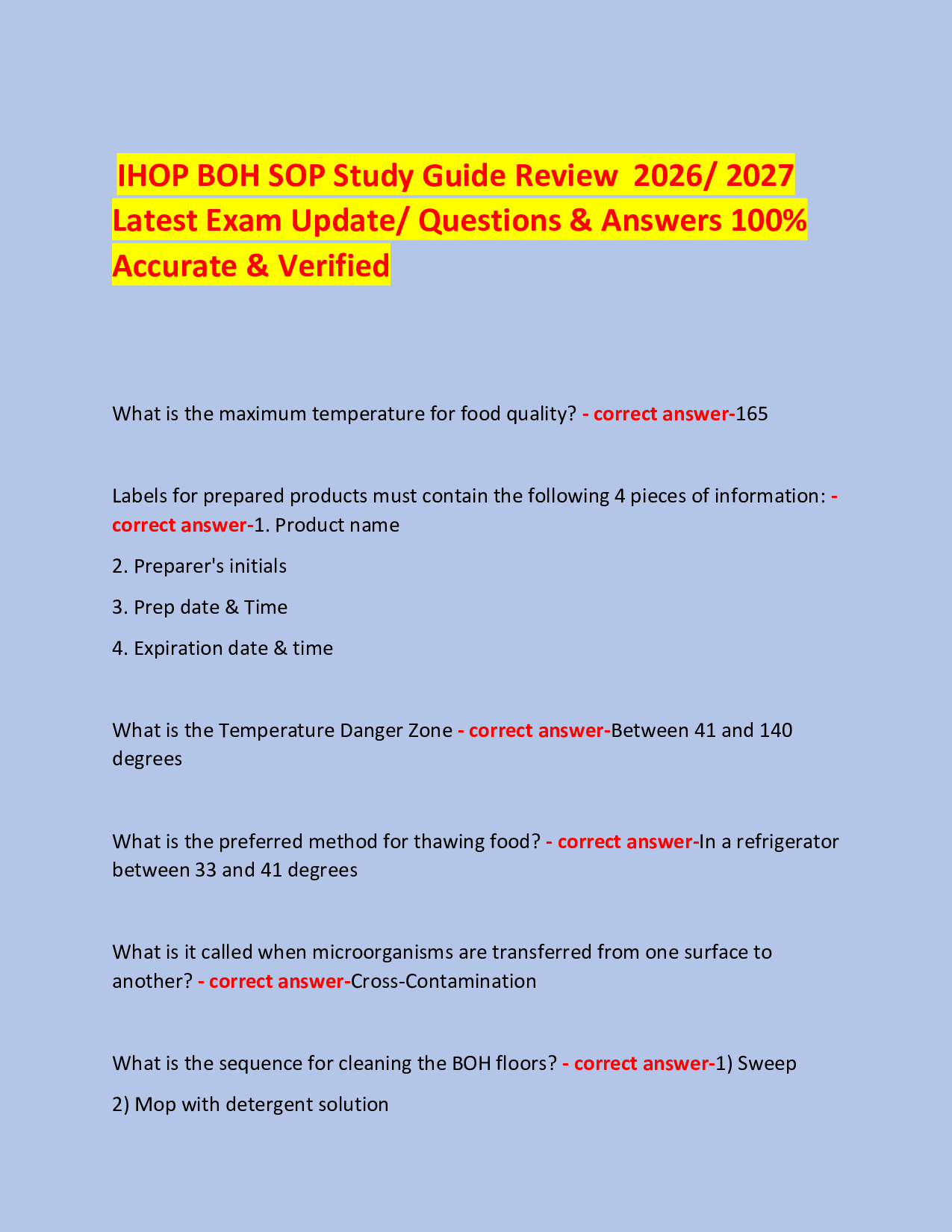 IHOP BOH SOP Study Guide Review  2026/ 2027  Latest Exam Update/ Questions & Answers 100% Accurate & Verified