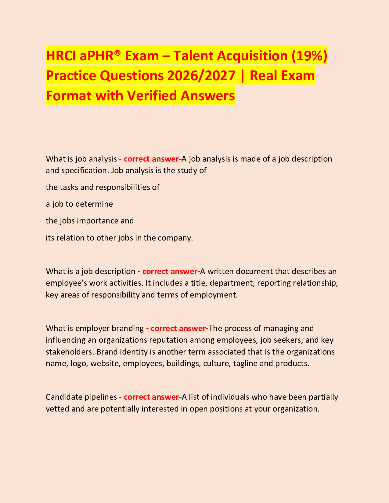HRCI aPHR® Exam – Talent Acquisition (19%)  Practice Questions 2026/2027 | Real Exam Format with Verified Answers