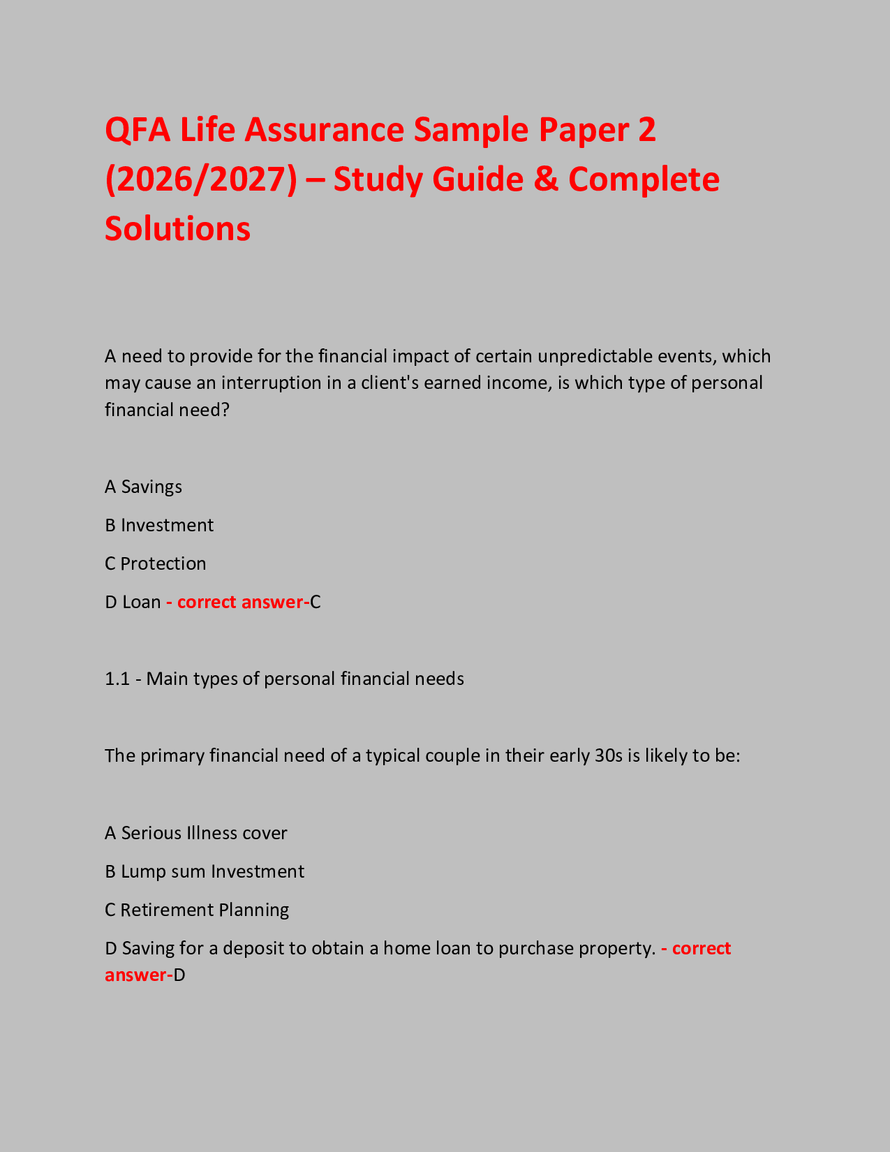 QFA Life Assurance Sample Paper 2  (2026/2027) – Study Guide & Complete Solutions