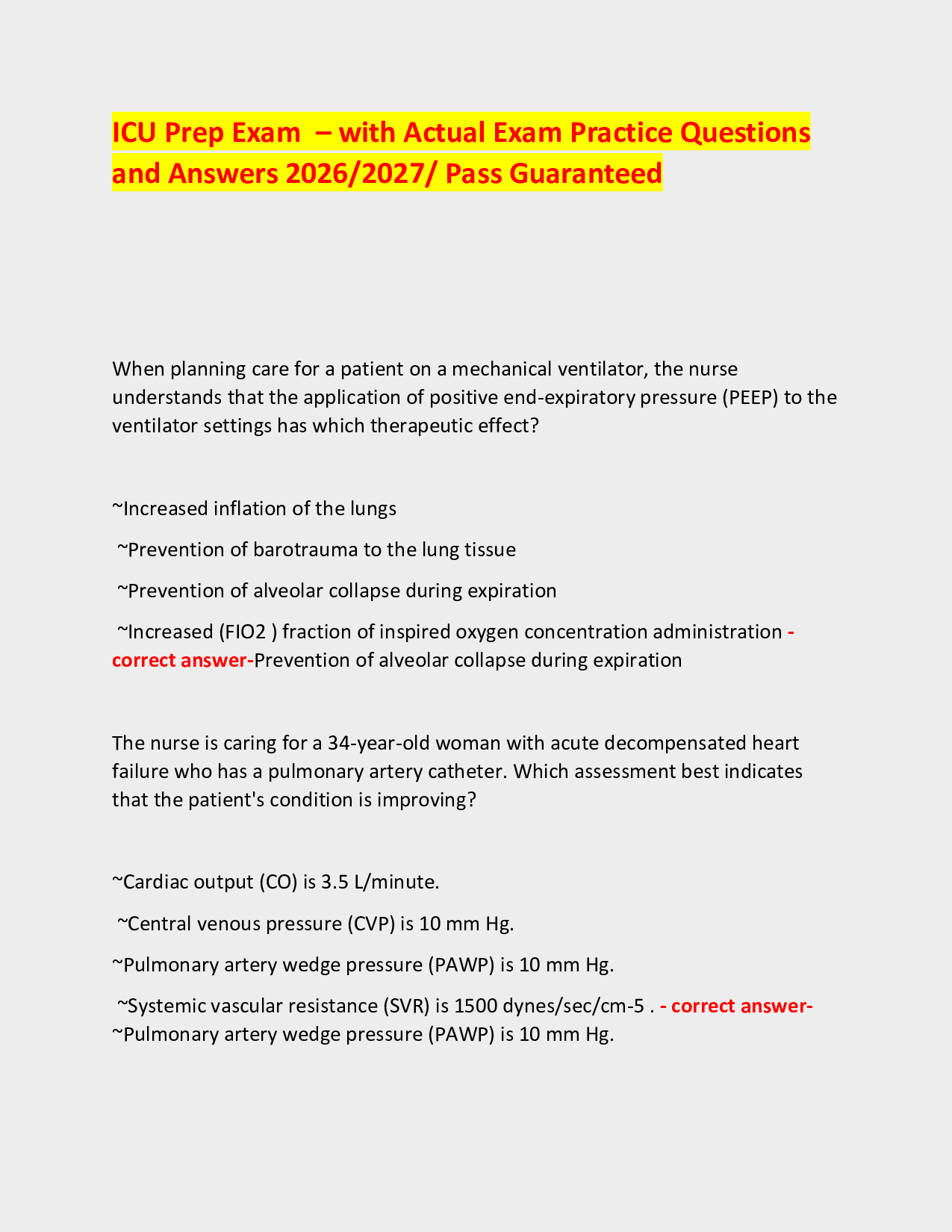 ICU Prep Exam  – with Actual Exam Practice Questions and Answers 2026/2027/ Pass Guaranteed