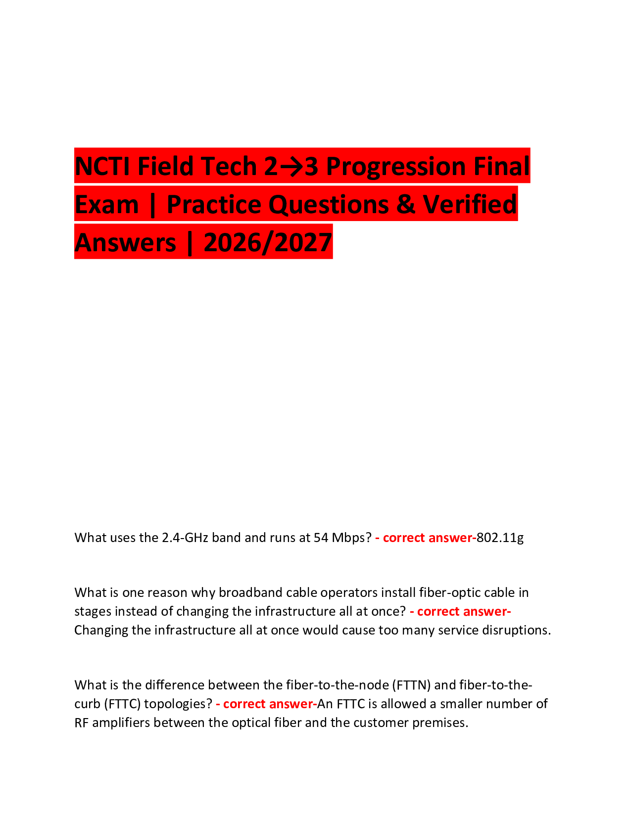 NCTI Field Tech 2→3 Progression Final  Exam | Practice Questions & Verified Answers | 2026/2027