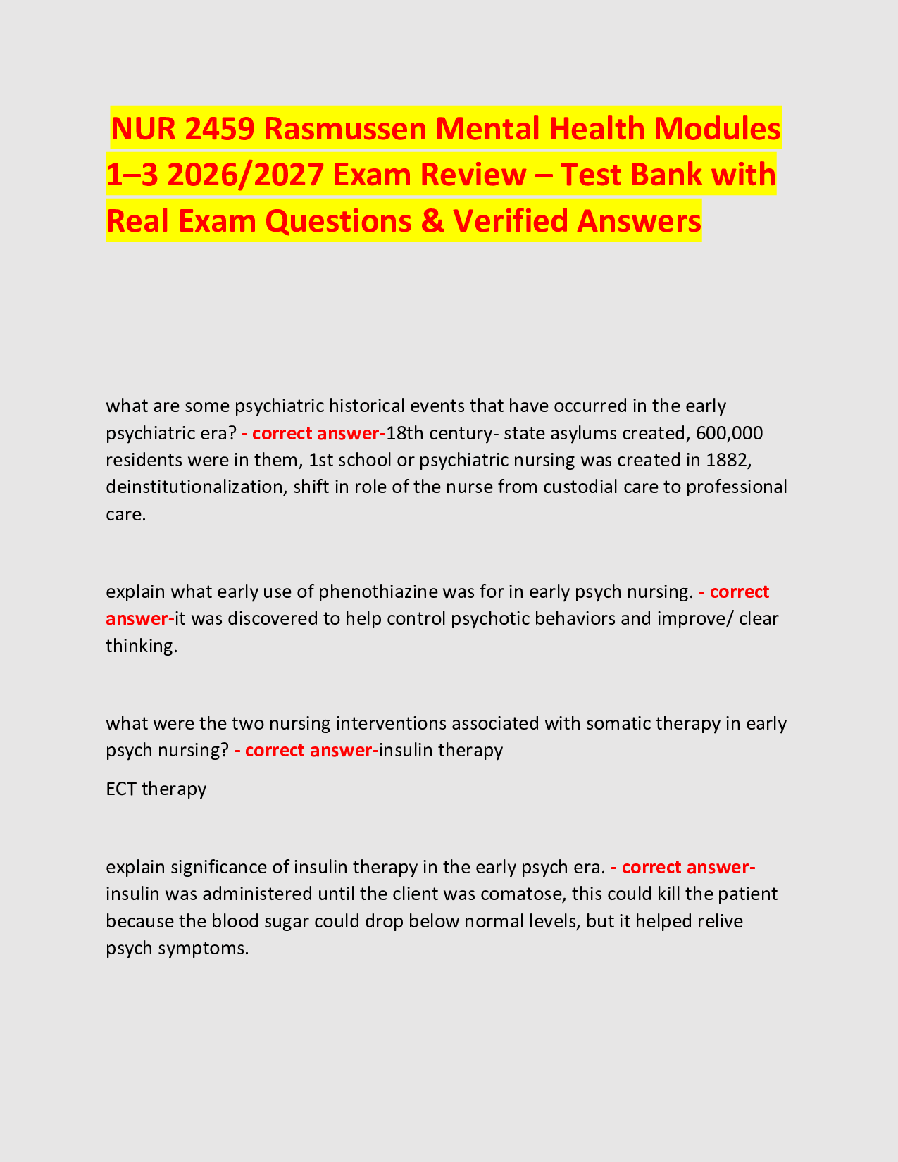 NUR 2459 Rasmussen Mental Health Modules  1–3 2026/2027 Exam Review – Test Bank with Real Exam Questions & Verified Answers