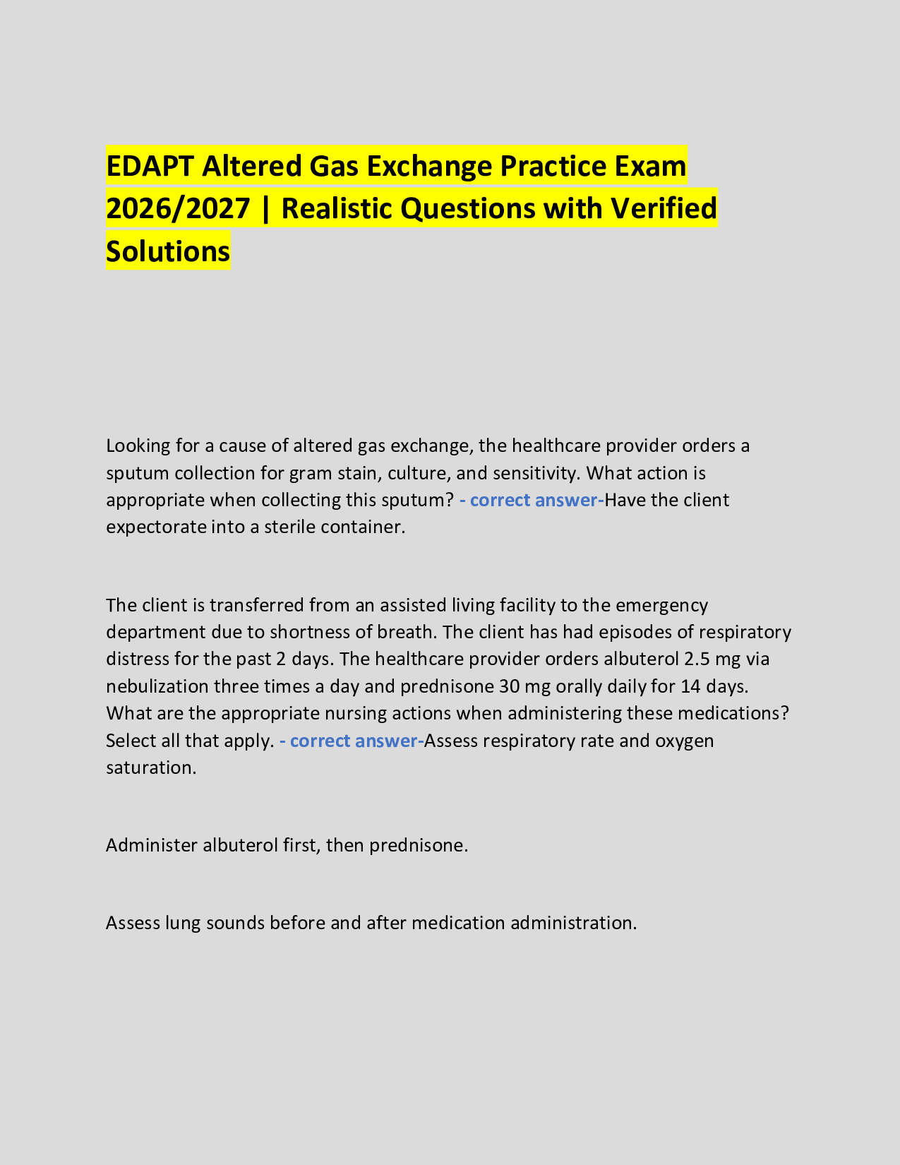 EDAPT Altered Gas Exchange Practice Exam  2026/2027 | Realistic Questions with Verified Solutions