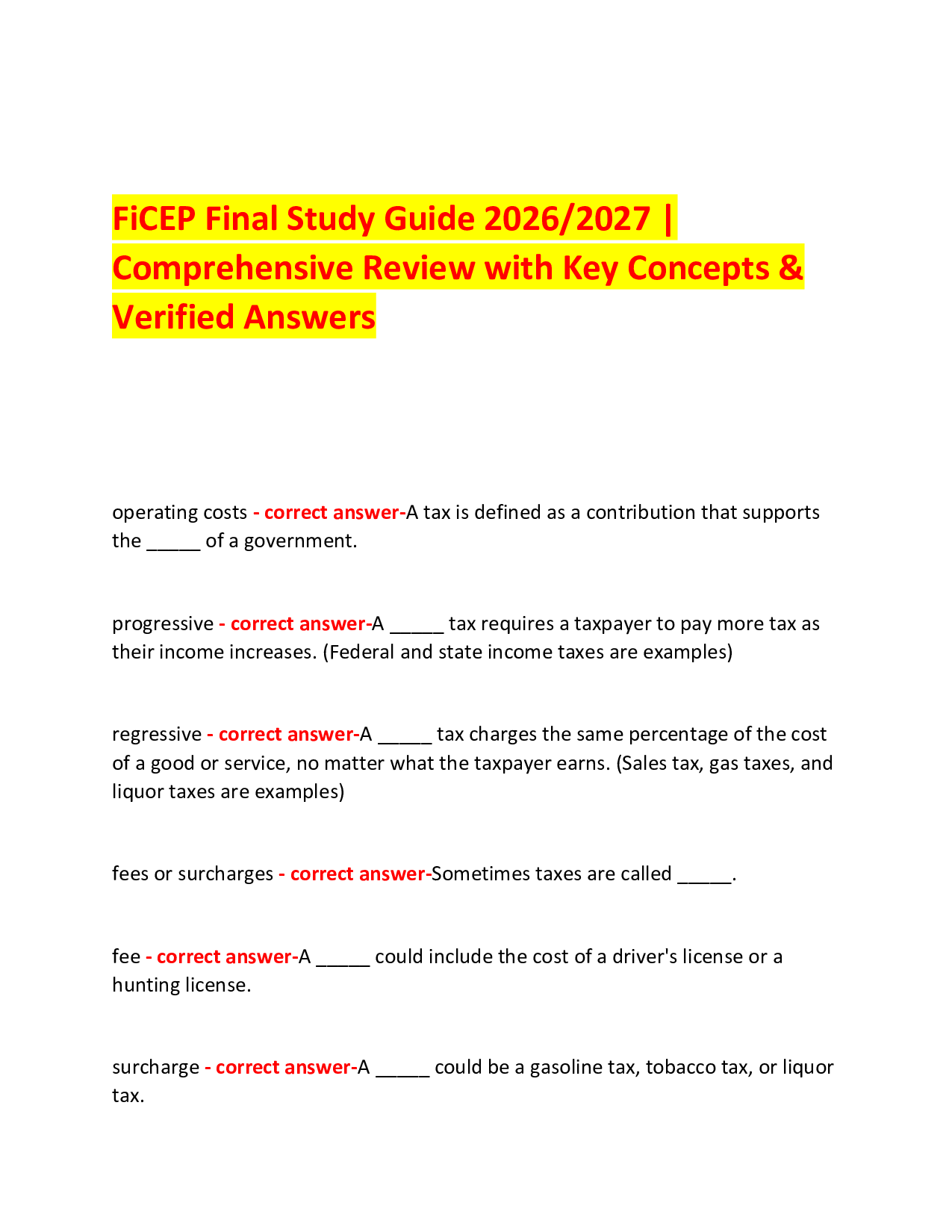 FiCEP Final Study Guide 2026/2027 |  Comprehensive Review with Key Concepts & Verified Answers