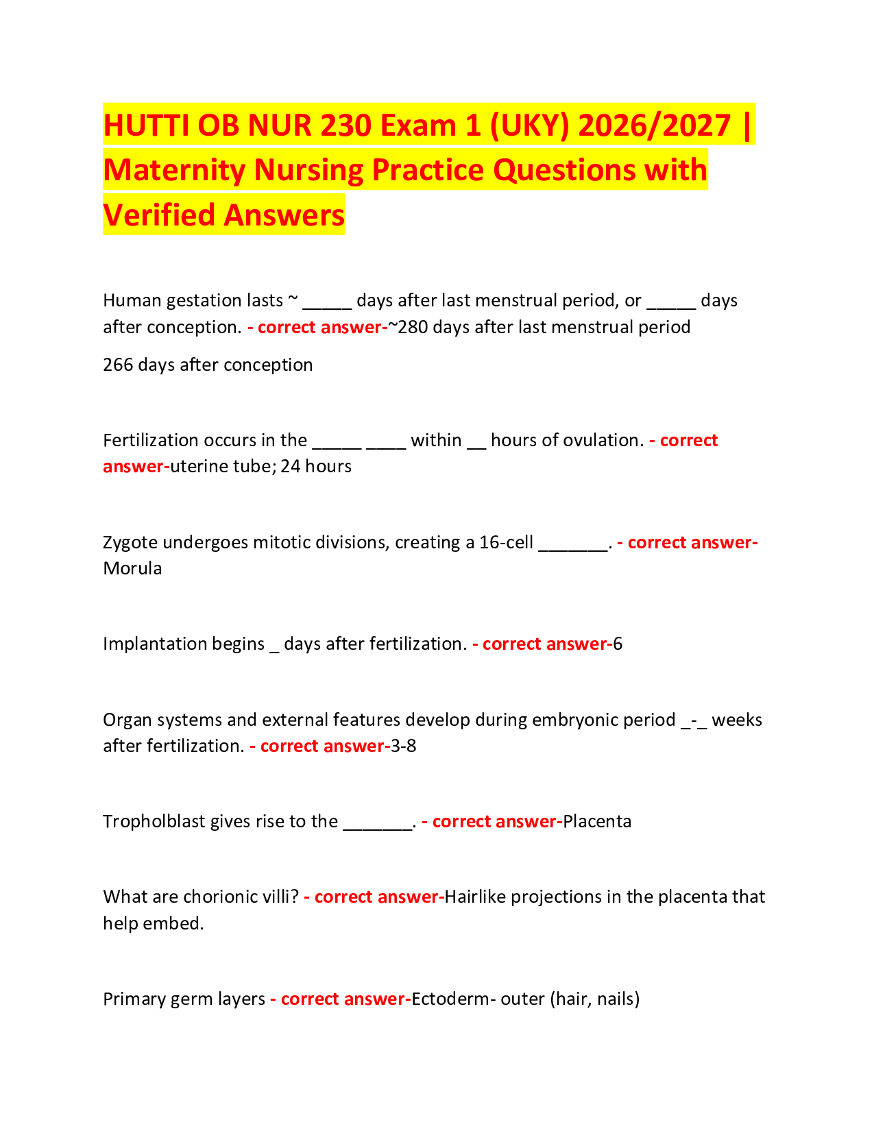 HUTTI OB NUR 230 Exam 1 (UKY) 2026/2027 |  Maternity Nursing  study reviewPractice Questions with Verified Answers