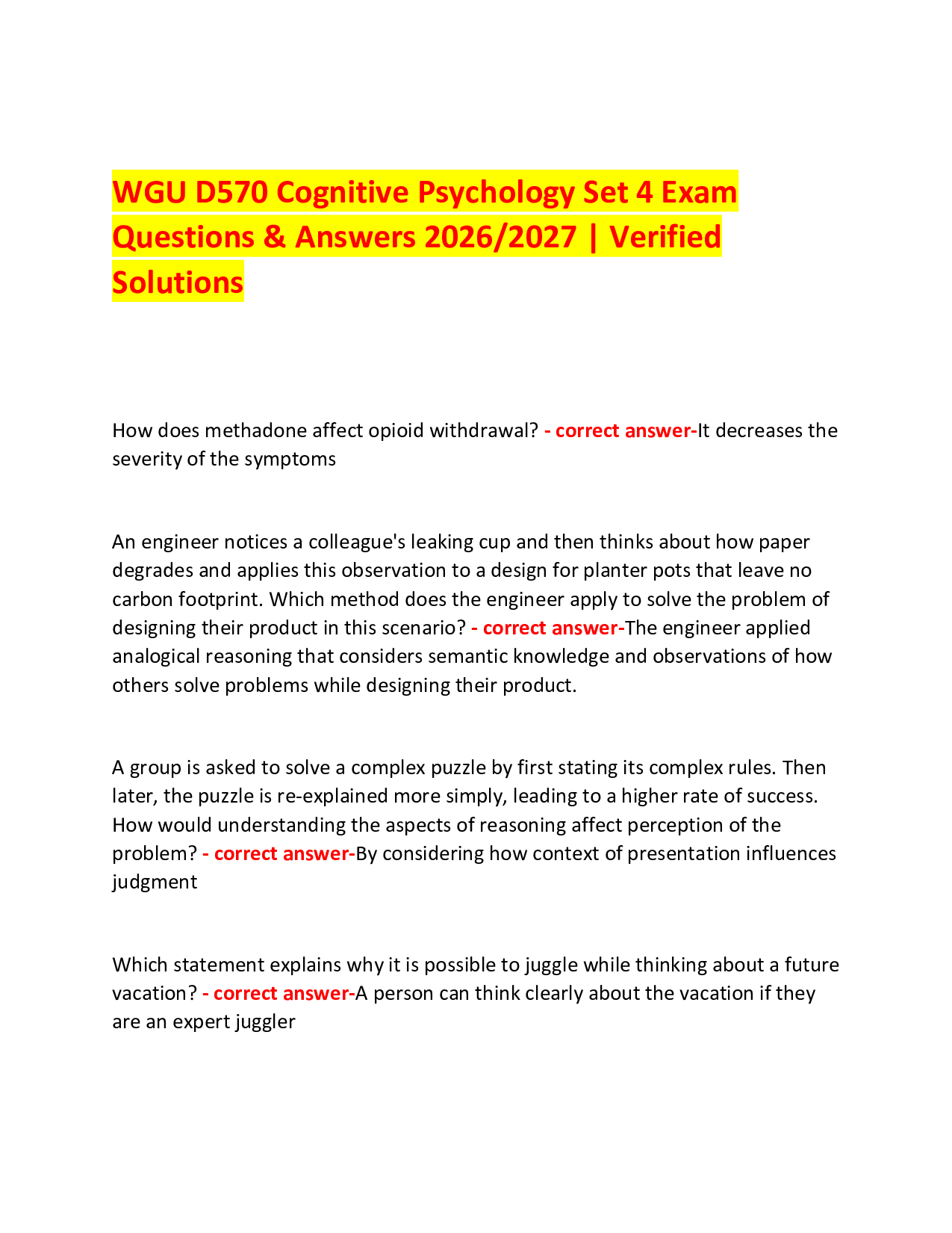 WGU D570 Cognitive Psychology Set 4 Exam  Questions & Answers 2026/2027 | Verified Solutions