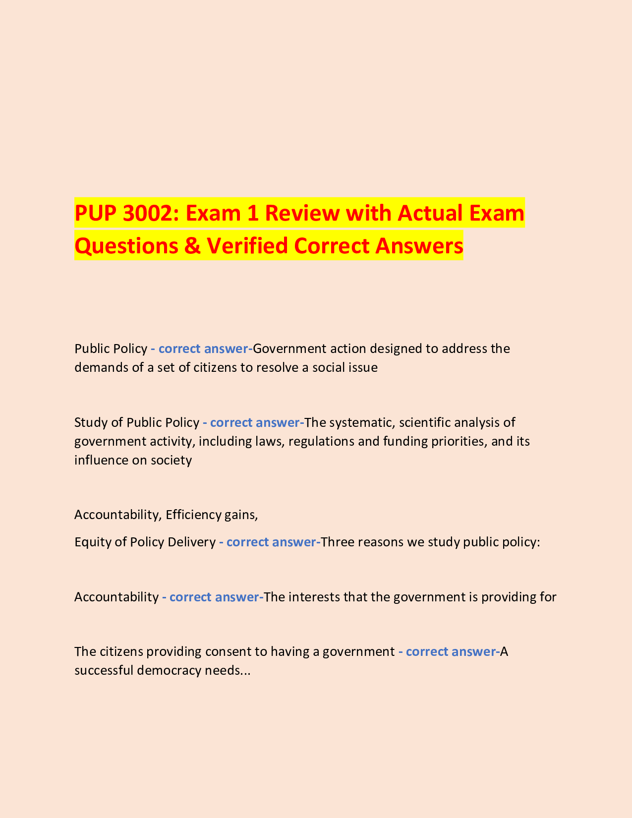 PUP 3002: Exam 1 Review with Actual Exam Questions & Verified Correct Answers