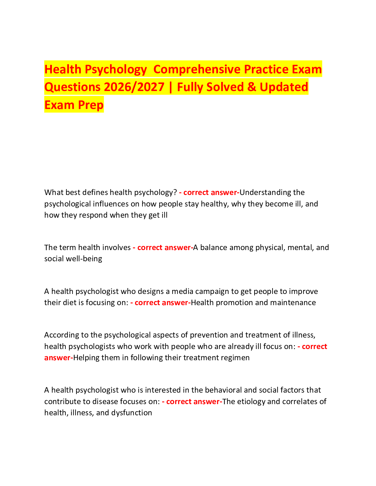 Health Psychology  Comprehensive Practice Exam  Questions 2026/2027 | Fully Solved & Updated Exam Prep