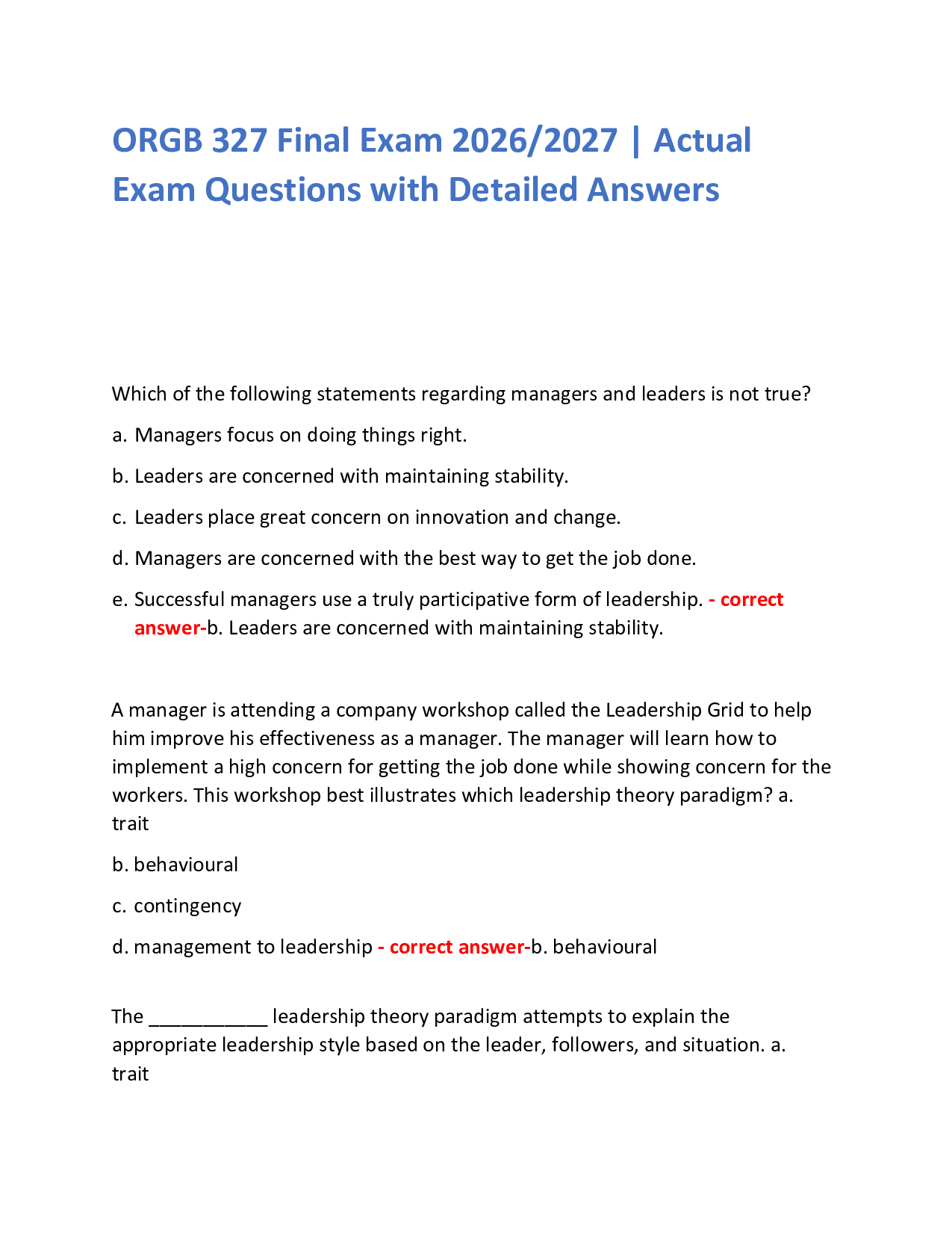 ORGB 327 Final Exam 2026/2027 | Actual  Exam Questions with Detailed Answers