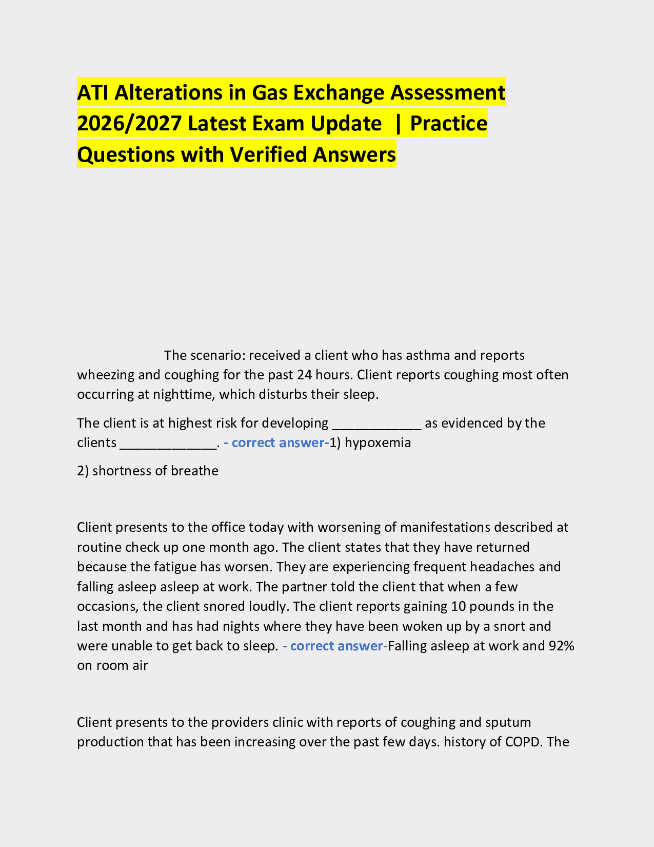 ATI Alterations in Gas Exchange Assessment  2026/2027 Latest Exam Update  | Practice Questions with Verified Answers