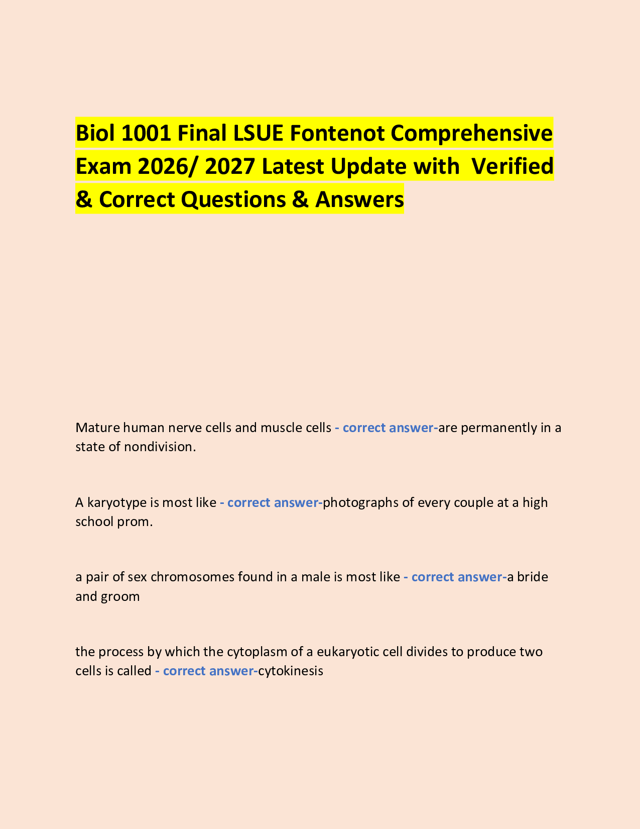 Biol 1001 Final LSUE Fontenot Comprehensive  Exam 2026/ 2027 Latest Update with  Verified & Correct Questions & Answers