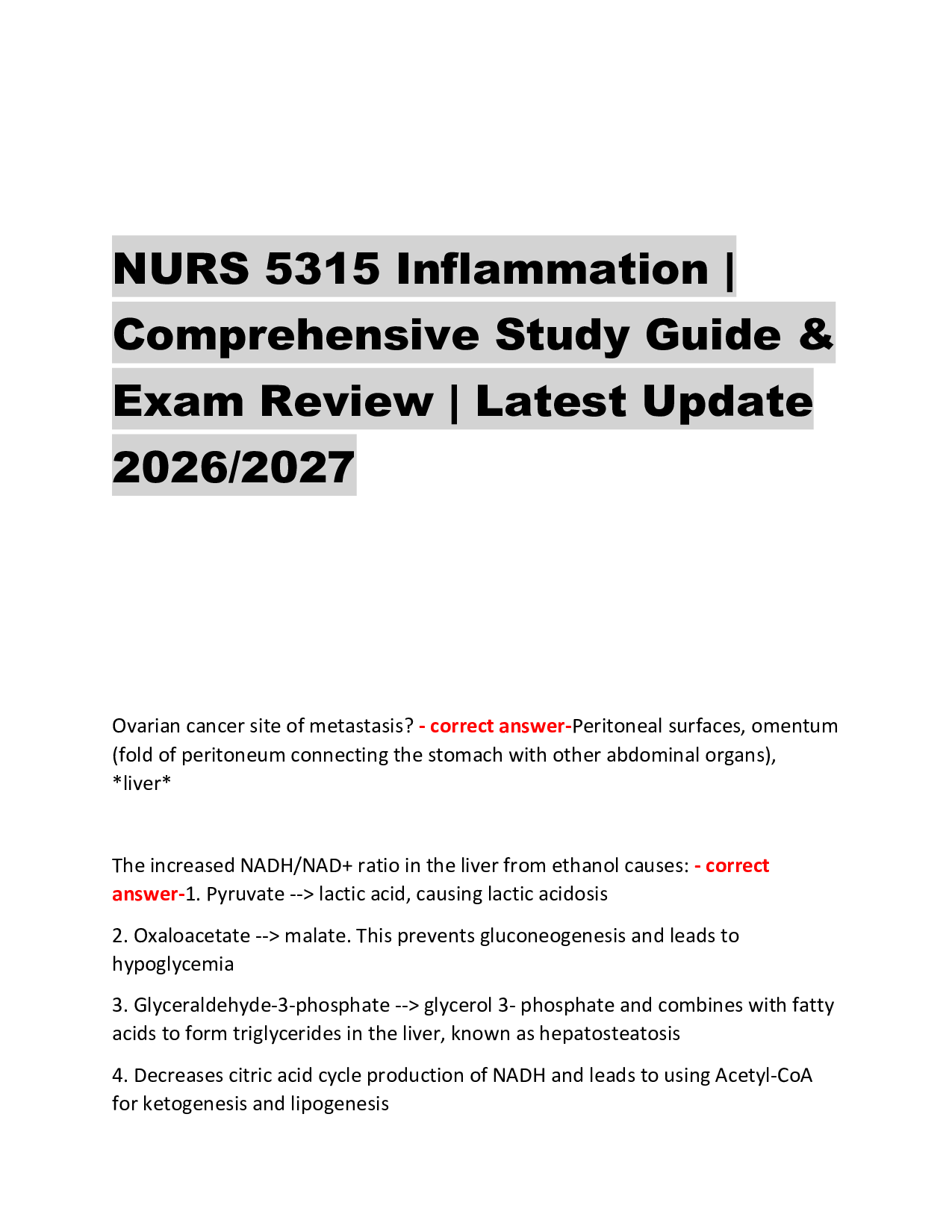 NURS 5315 Inflammation |  Comprehensive Study Guide &  Exam Review | Latest Update  2026/2027