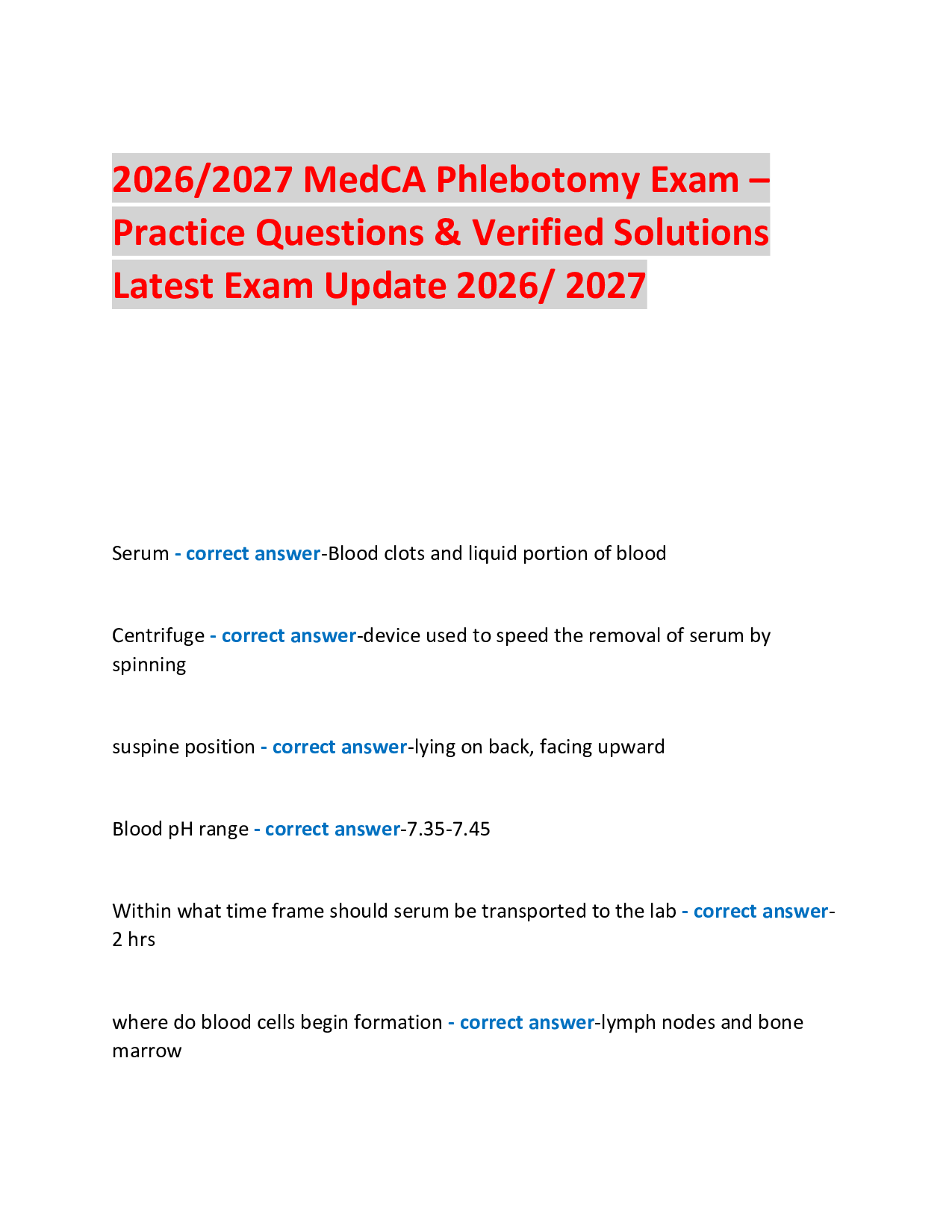 2026/2027 MedCA Phlebotomy Exam – Practice Questions & Verified Solutions Latest Exam Update 2026/ 2027