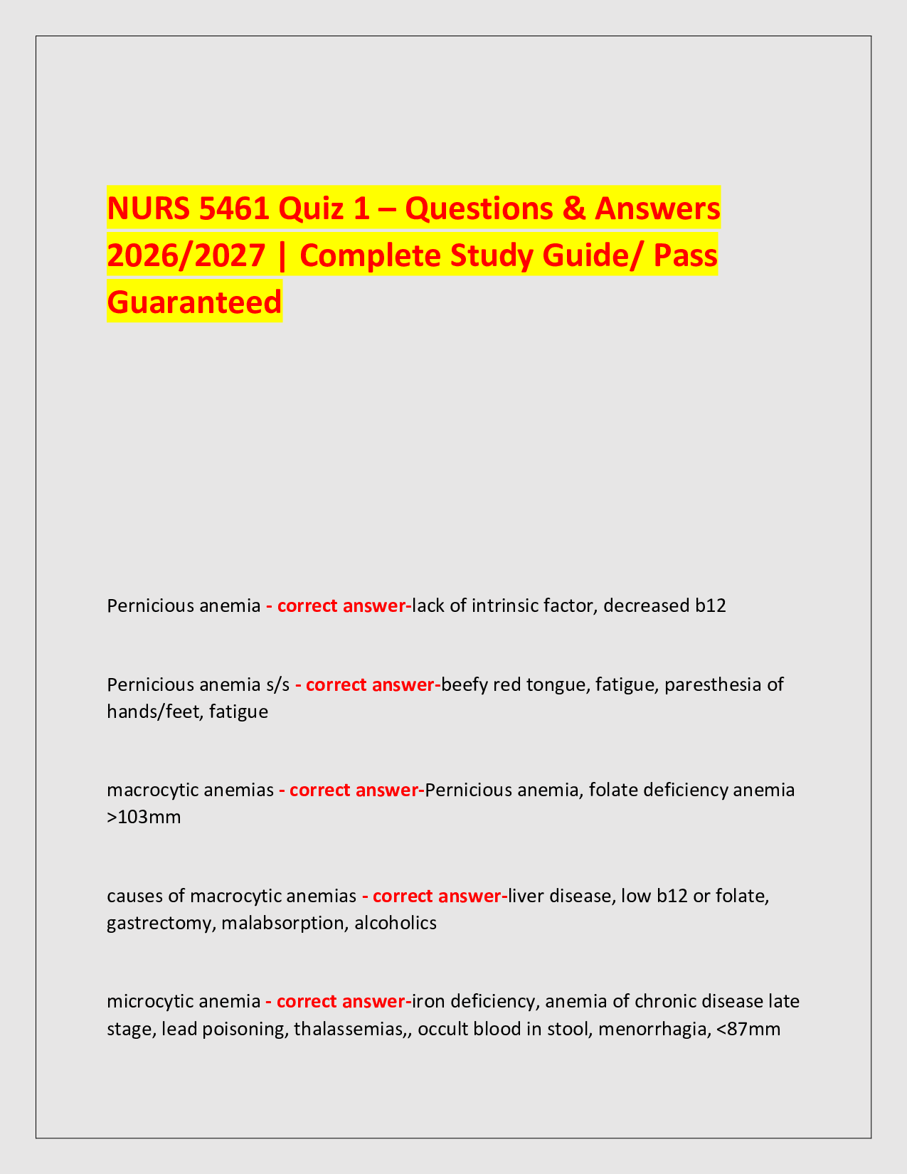 NURS 5461 Quiz 1 – Questions & Answers  2026/2027 | Complete Study Guide/ Pass Guaranteed