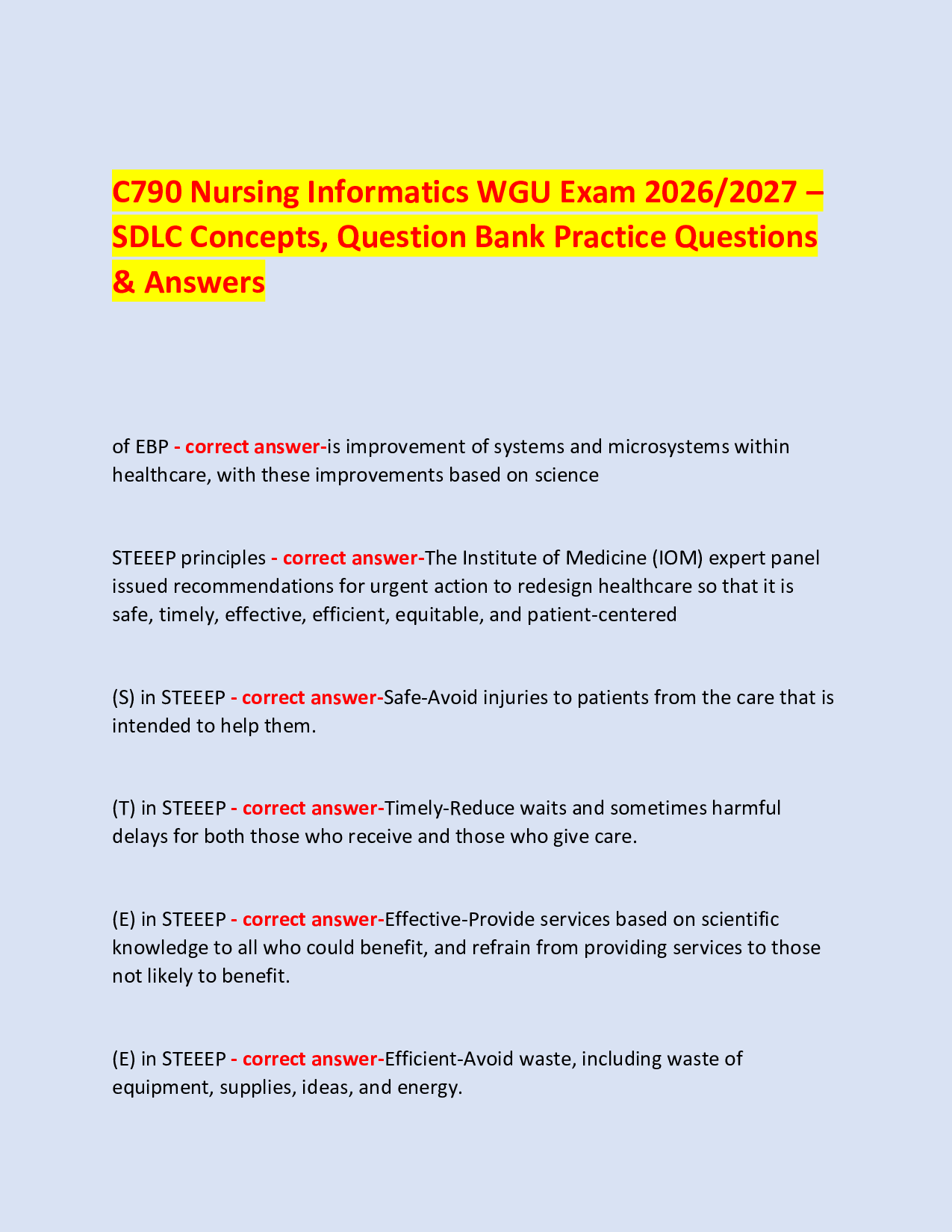 C790 Nursing Informatics WGU Prep Exam 2026/2027 – SDLC Concepts, Question Bank Practice Questions & Answers