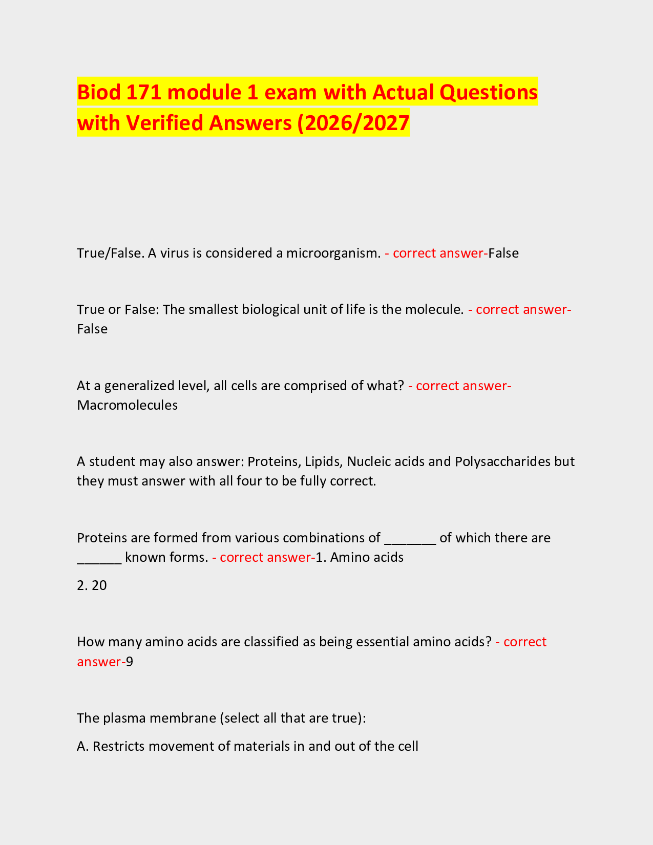 Biod 171 module 1 exam with Actual Questions with Verified Answers (2026/2027