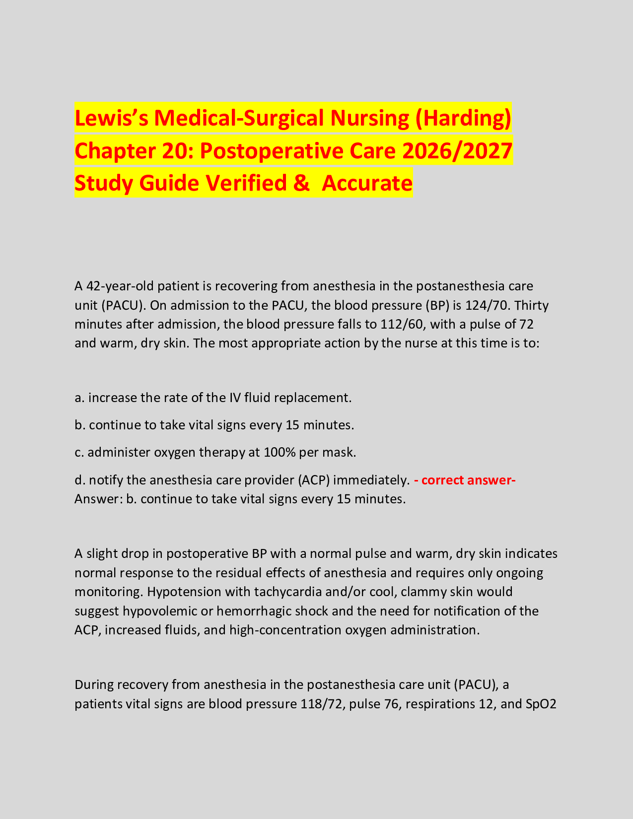 Lewis’s Medical-Surgical Nursing (Harding)  Chapter 20: Postoperative Care 2026/2027 Study Guide Verified &  Accurate