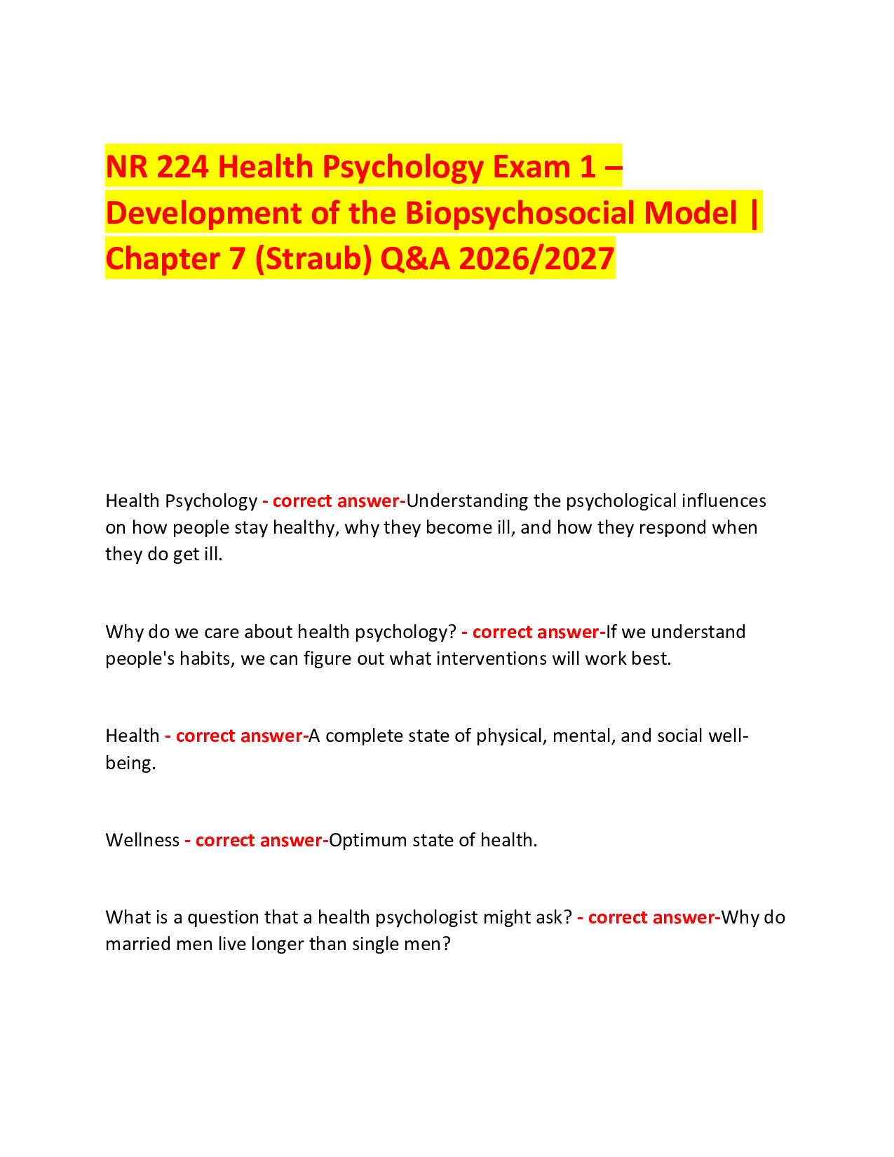 NR 224 Health Psychology Exam 1 – Development of the Biopsychosocial Model | Chapter 7 (Straub) Q&A 2026/2027