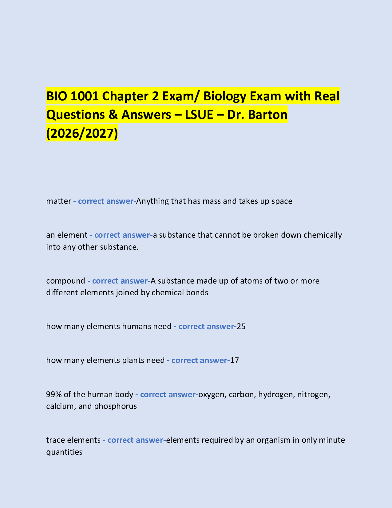 BIO 1001 Chapter 2 Exam/ Biology Study Review with Actual Questions & Answers – LSUE – Dr. Barton (2026/2027)