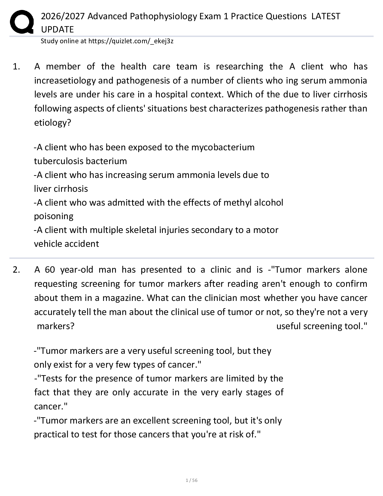 2026/2027 Advanced Pathophysiology Exam 1 Practice Questions  LATEST  UPDATE