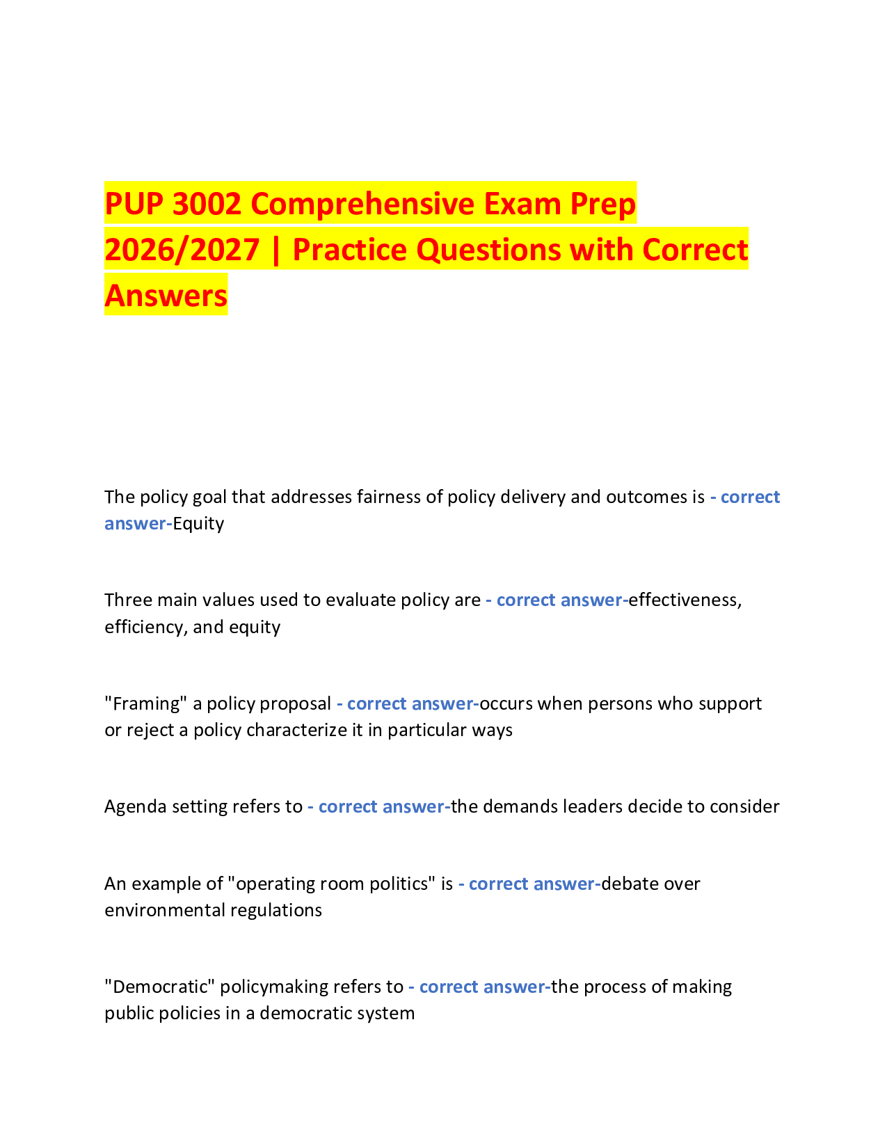 PUP 3002 Comprehensive Exam Prep  2026/2027 | Practice Questions with Correct Answers